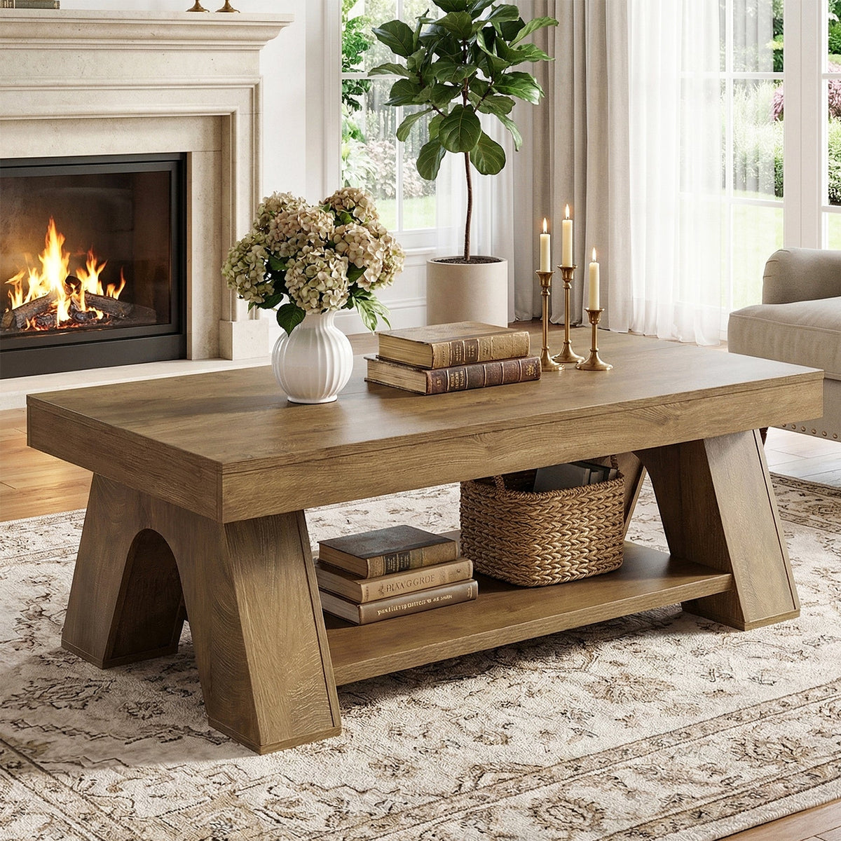 55.1" Farmhouse Coffee Table with Storage Shelf, Rectangle Center Table for Living Room