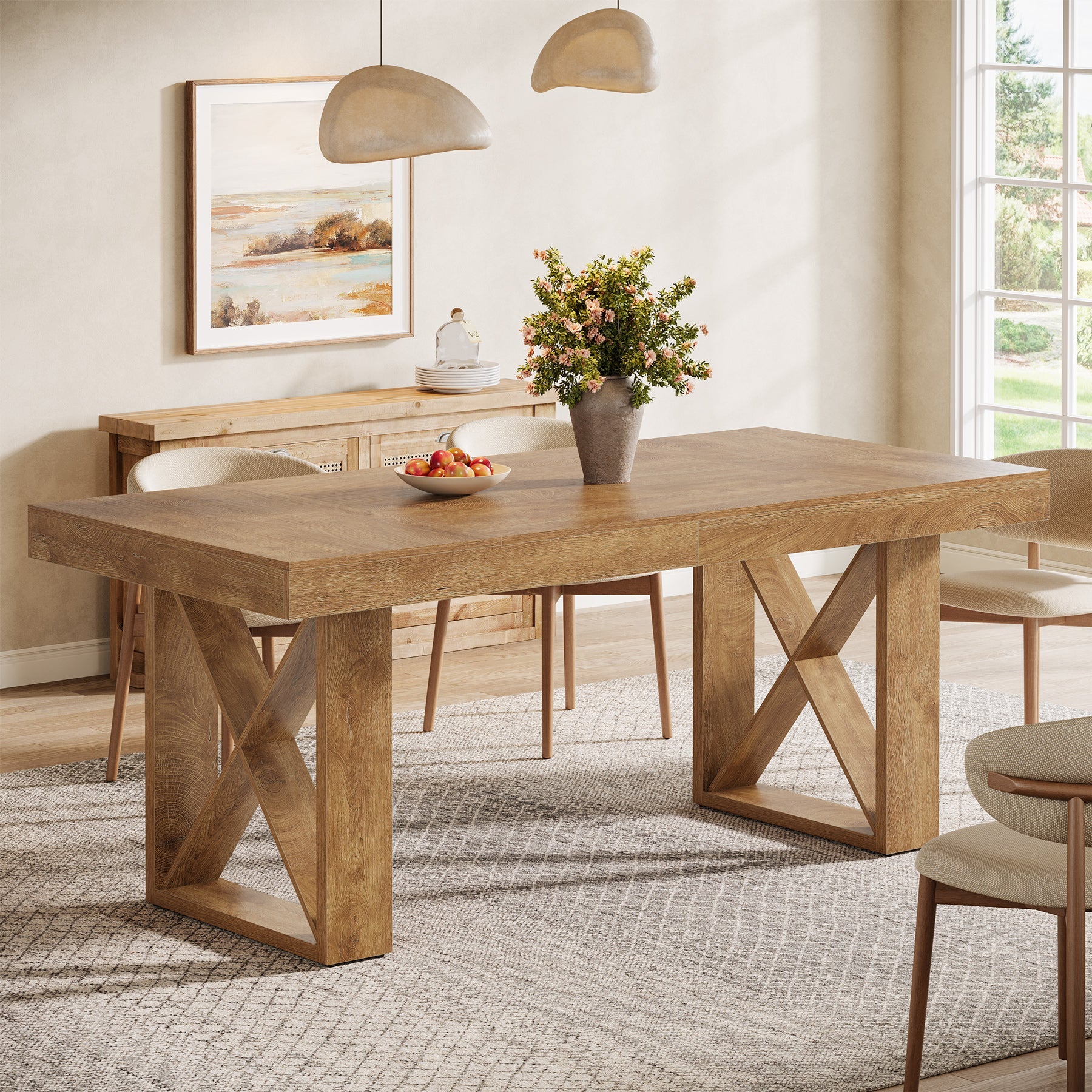 Rectangle Dining Table, 63" Farmhouse Kitchen Table for 4-6 People
