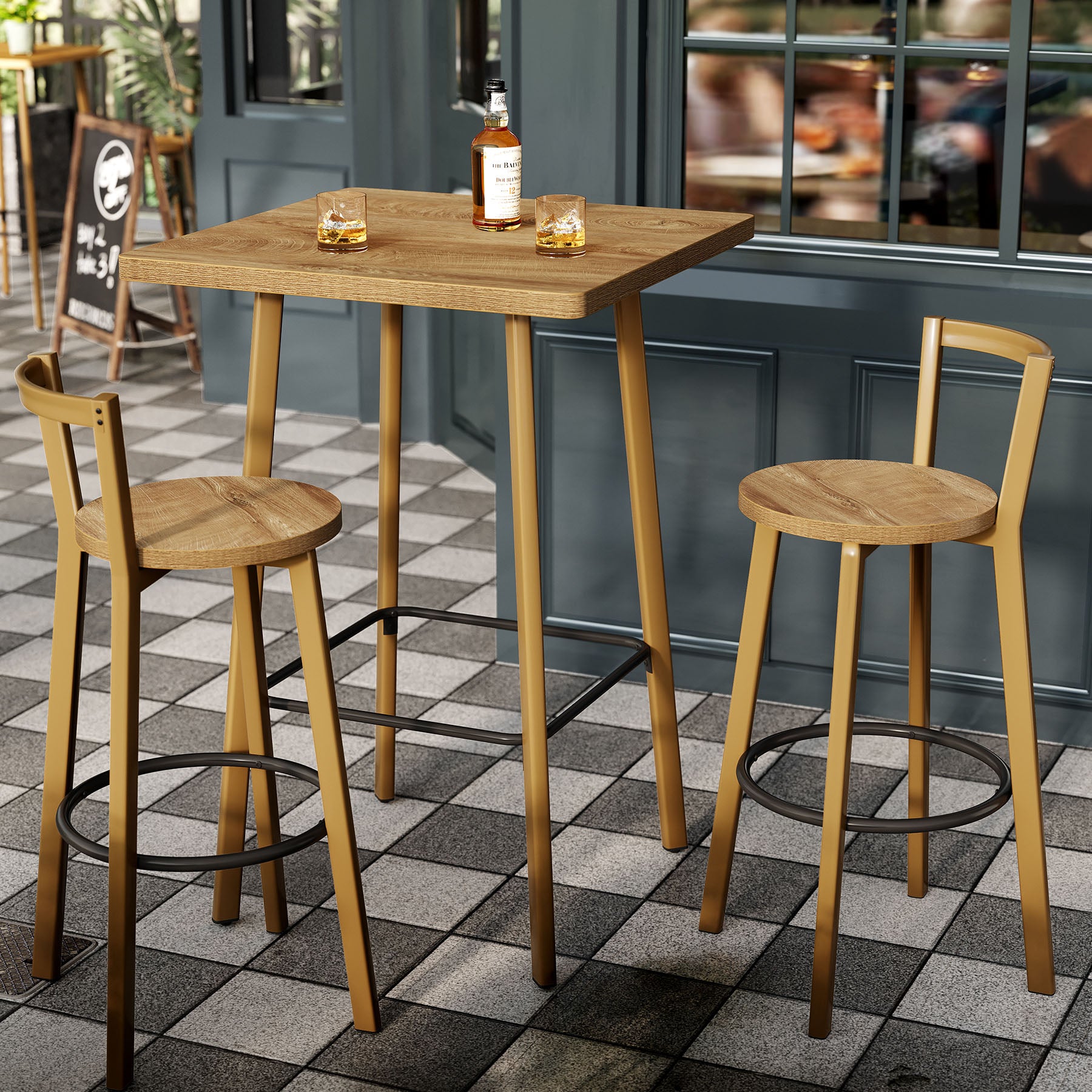 Square Bar Table and Chair Set, 39.4" H Bistro Pub Table with 2 Chairs