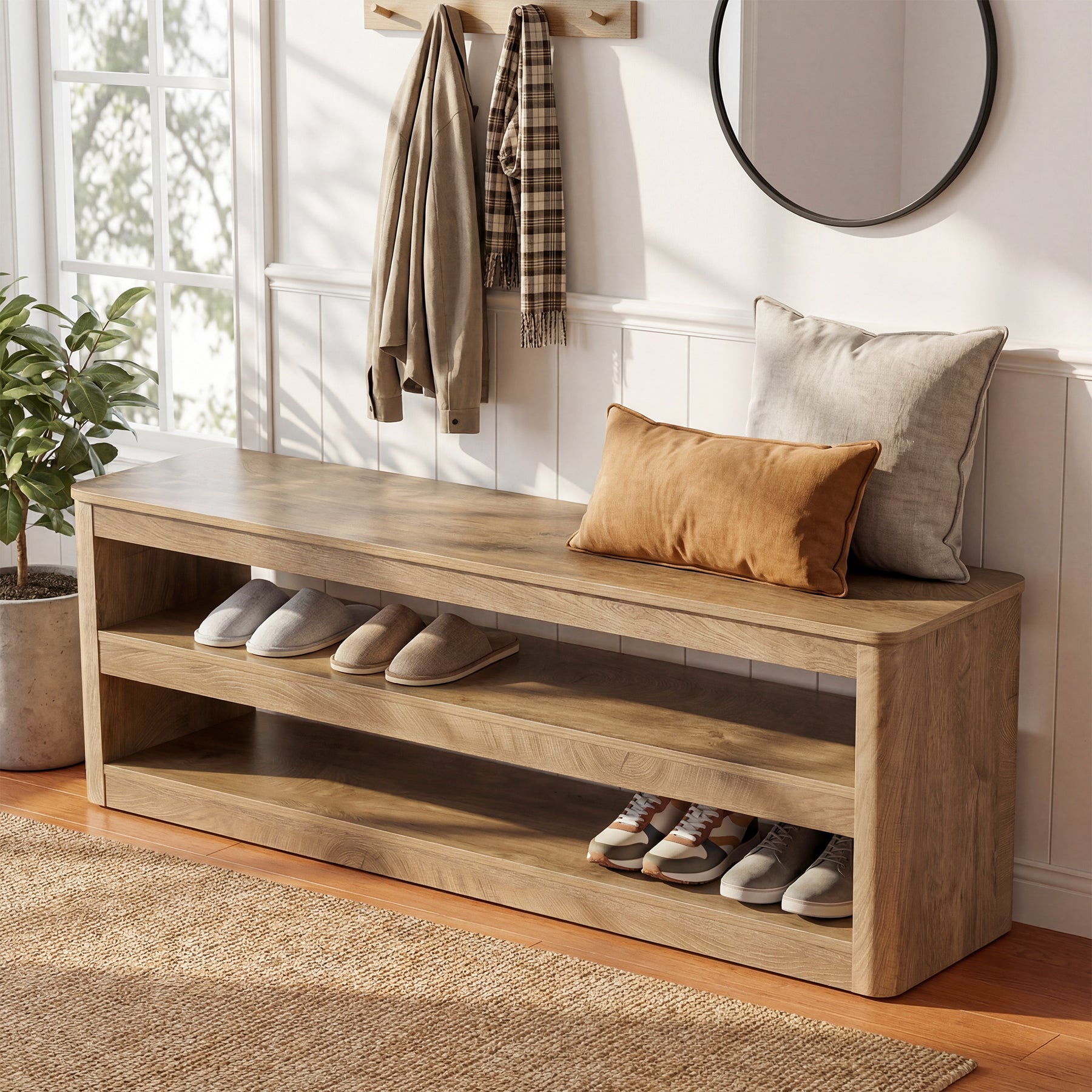 55" Entryway Bench, 3-Tier Shoe Bench End of Bed Seat for Hallway, Bedroom