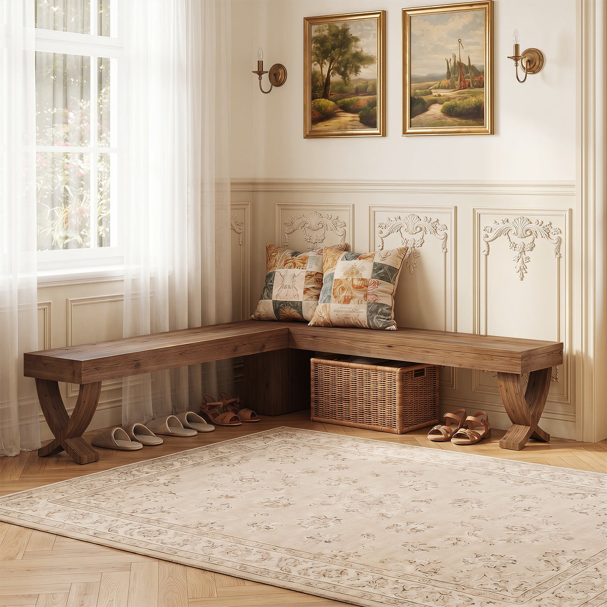 55" L-Shaped Solid Wood Corner Bench, Farmhouse Dining Bench with X-Shaped Leg