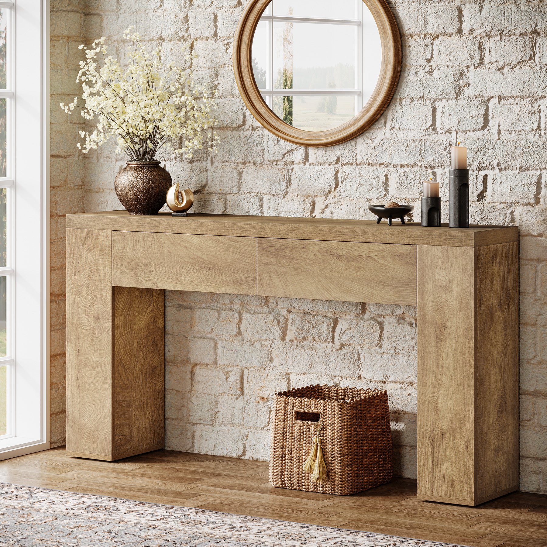63" Console Table, Rustic Sofa Hallway Table with Drawers