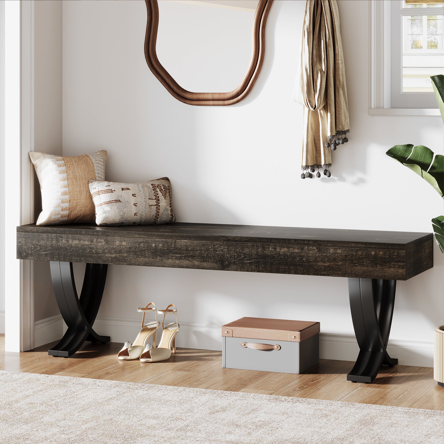 55" Entryway Shoe Bench, Industrial End of Bed Stool with Metal X-Shaped Legs