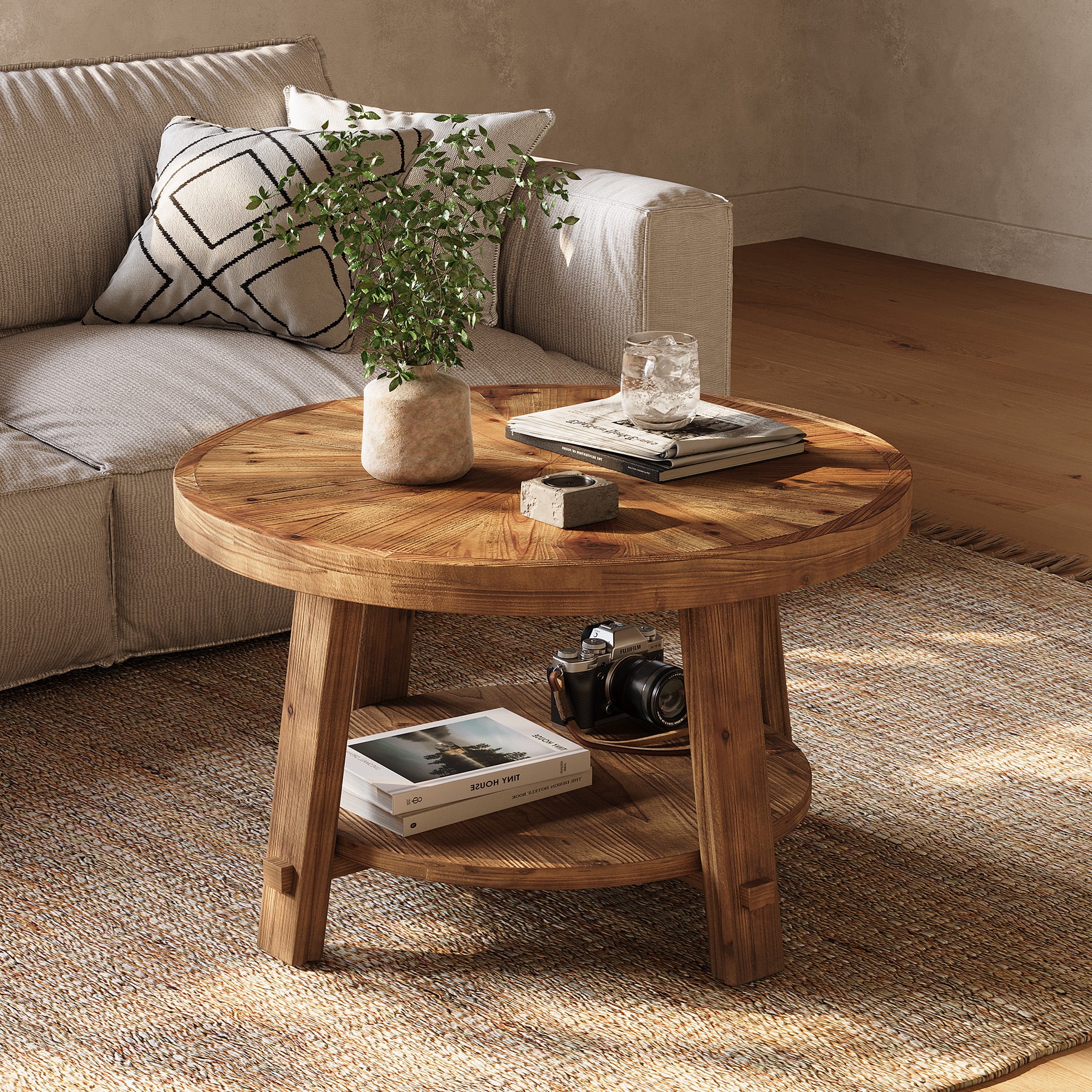Solid Wood Coffee Table with Storage, 2-Tier Round Tea Table for Living Room
