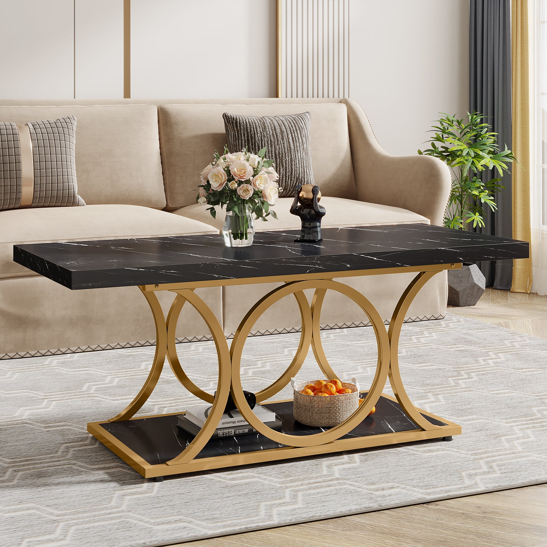 Rectangle Coffee Table, 46.45" Faux Marble Tea Table with Storage Shelf