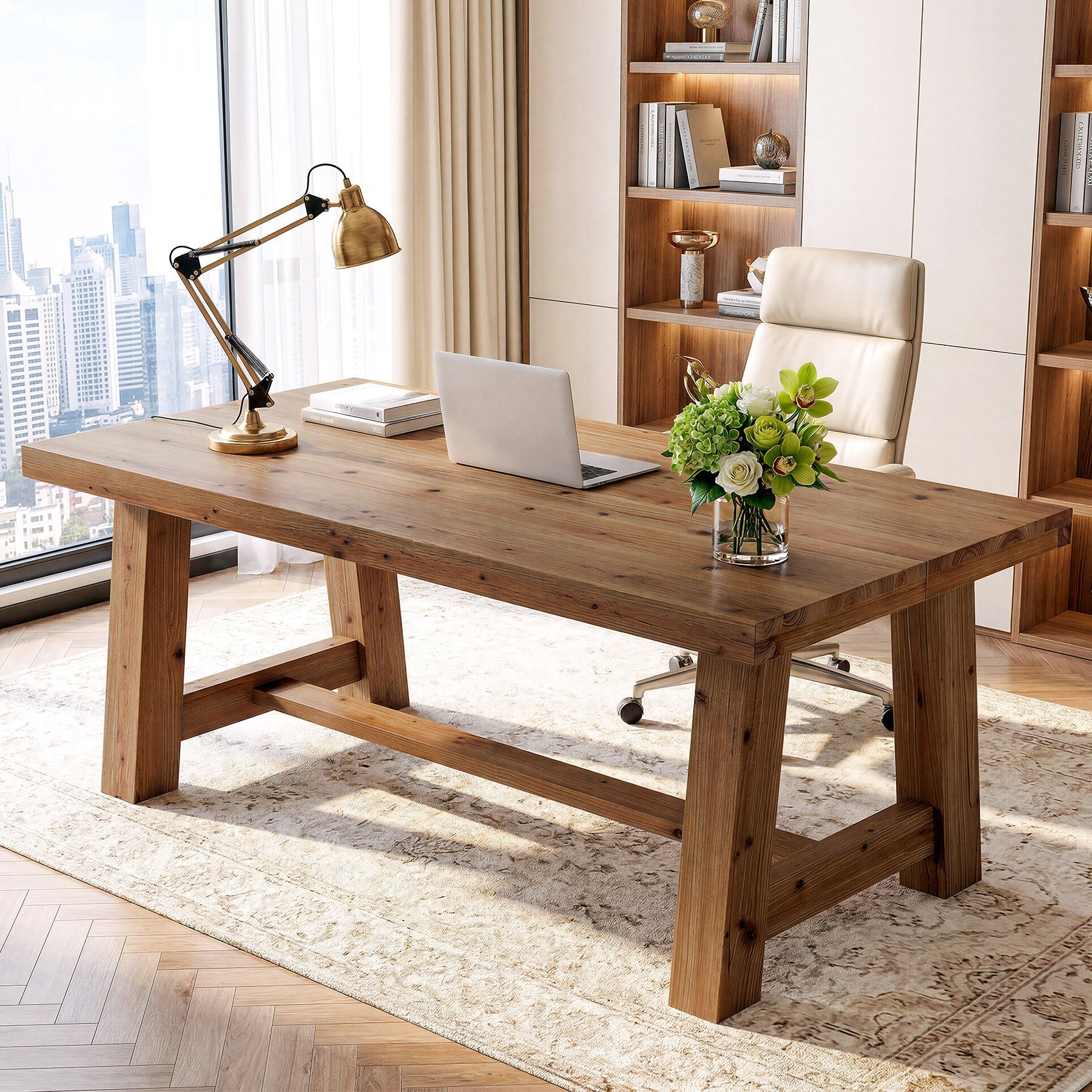 63" Farmhouse Computer Desk, Solid Wood Home Office Desk with Thick Tabletop