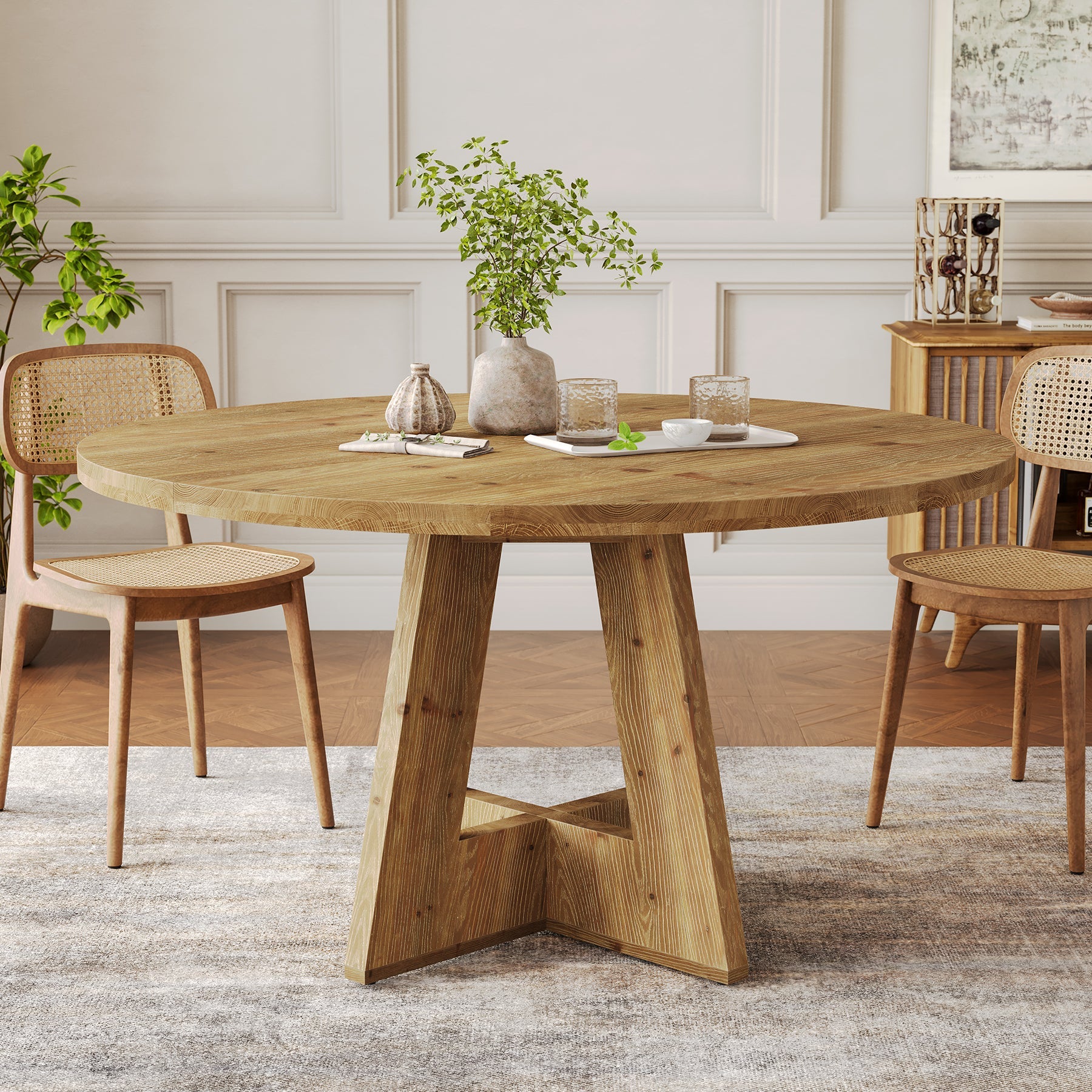 Solid Wood Round Dining Table for 4-6, 47" Farmhouse Kitchen Table for Dining Room