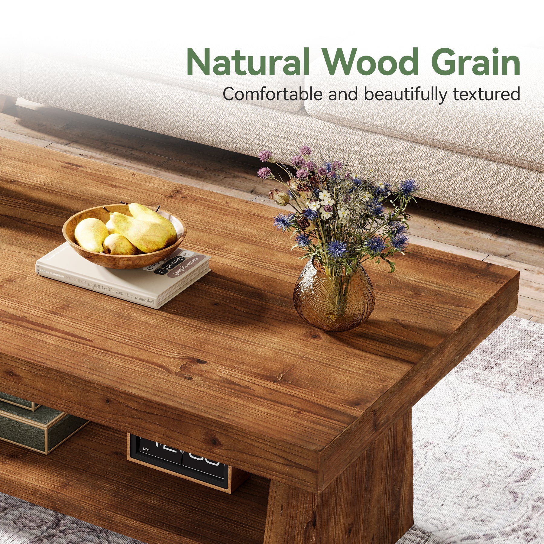 2-Tier Solid Wood Coffee Table, 47" Farmhouse Wood Center Table with Storage