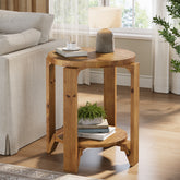 Solid Wood End Table, 2-Tier Round Side Table Nightstand for Living Room, Bedroom 3