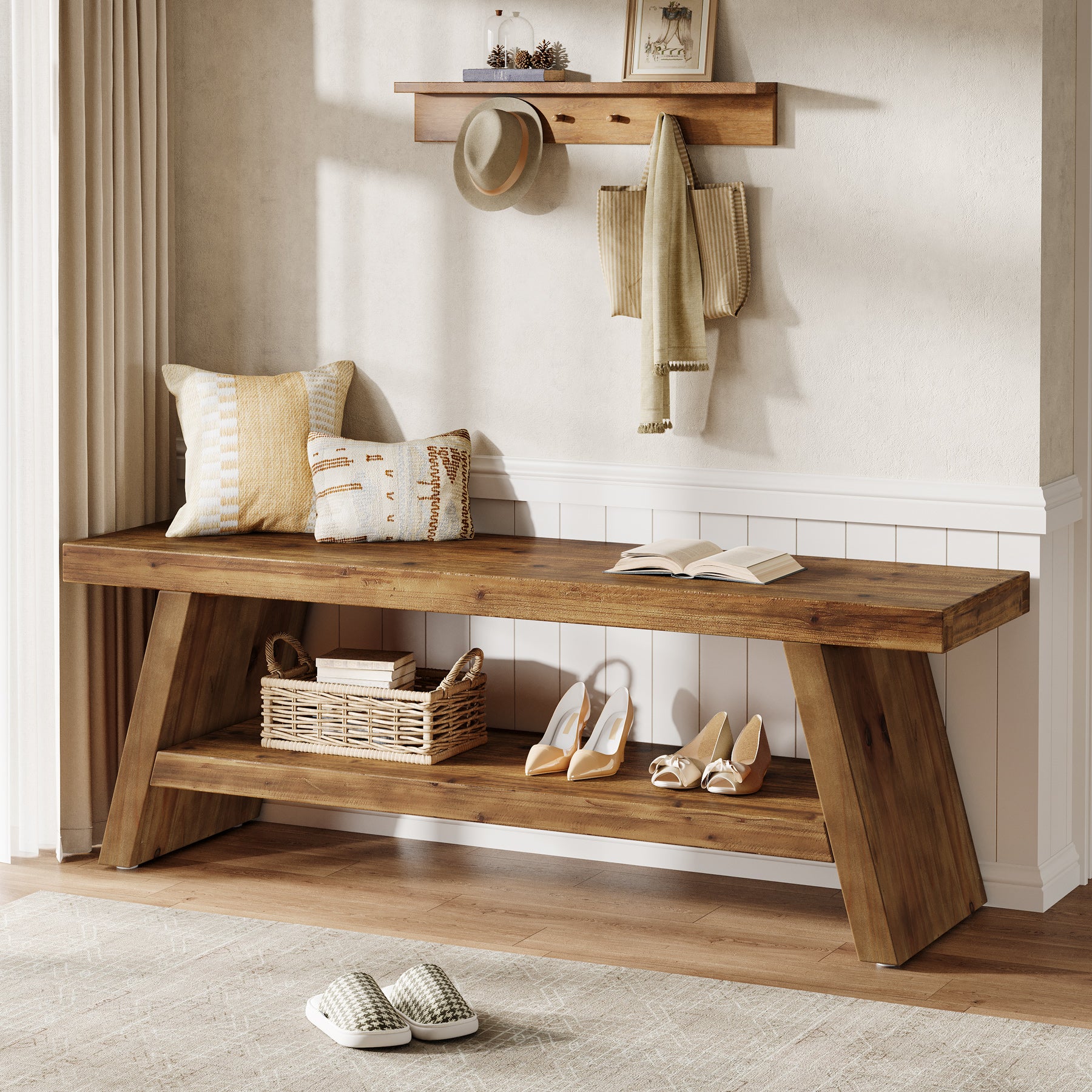 Solid Wood Shoe Bench, 2-Tier Entryway Bench with Open Shelves