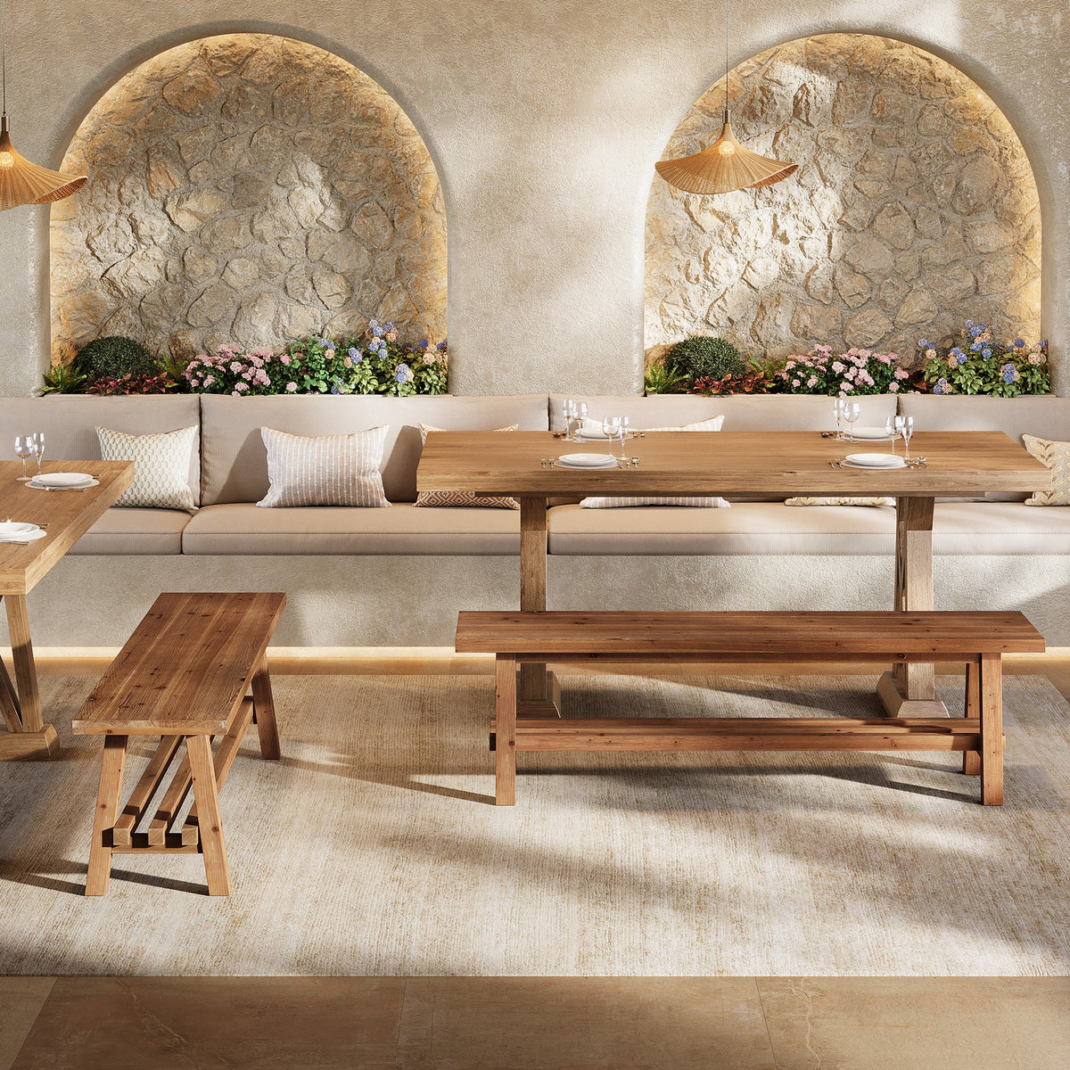 55" Solid Wood Dining Bench, 2-Tier Kitchen Dining Seat for Dining Room