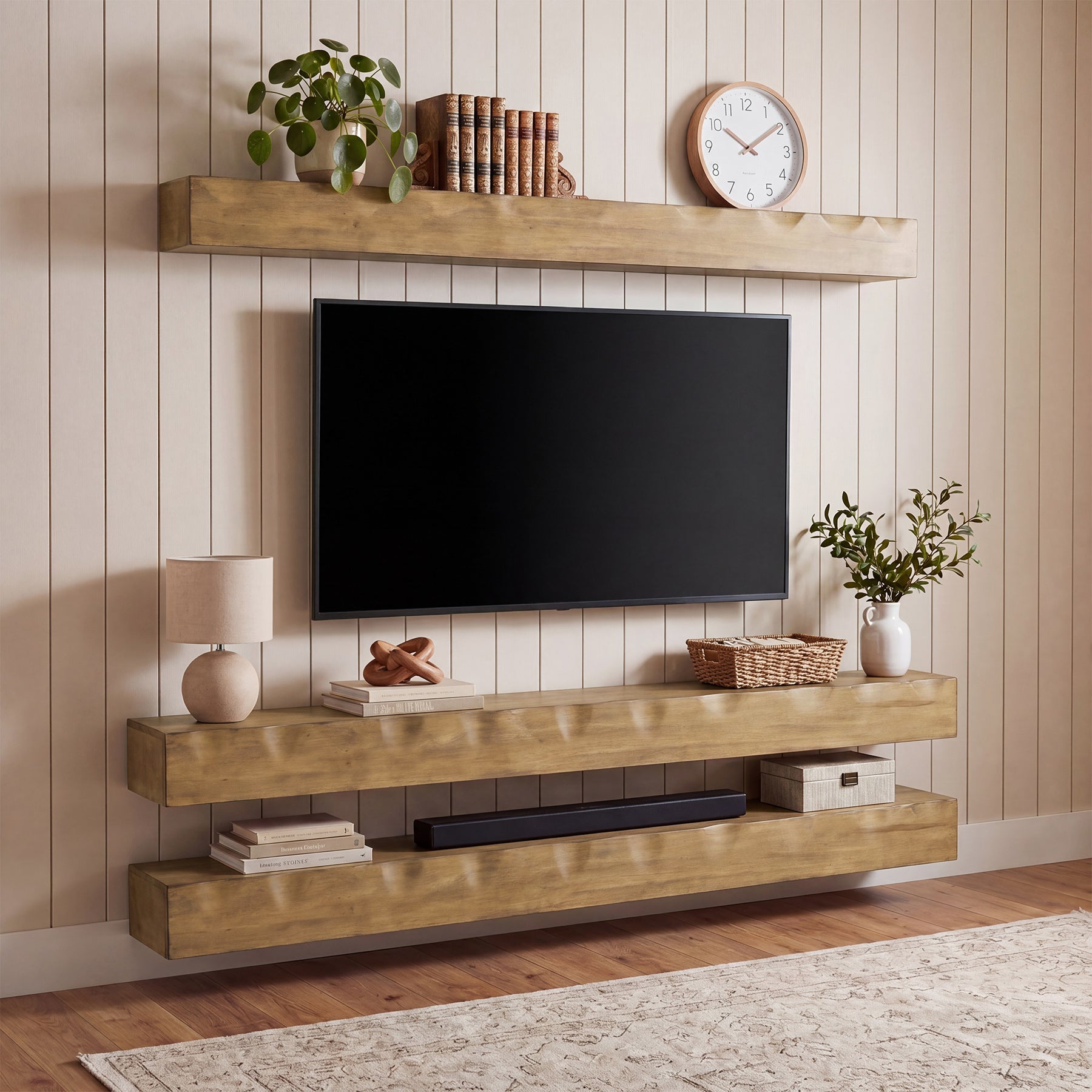 Solid Wood Floating TV Stand, 63" Wall Media Shelf for TVs Up to 75"
