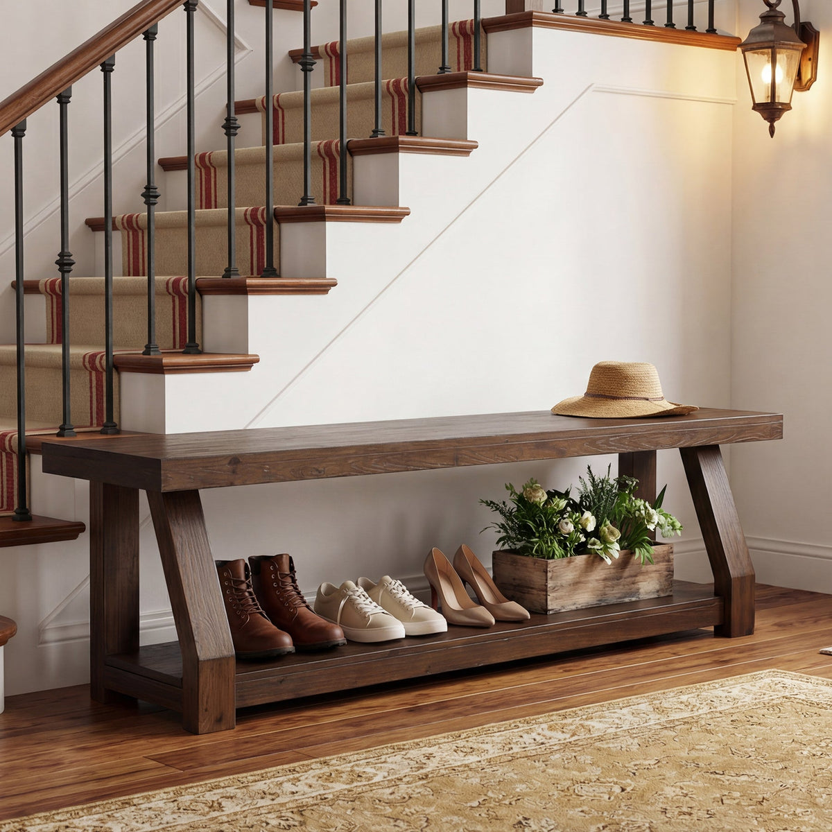 63" Solid Wood Entryway Bench with Storage, 2-Tier Shoe Bench for Hallway