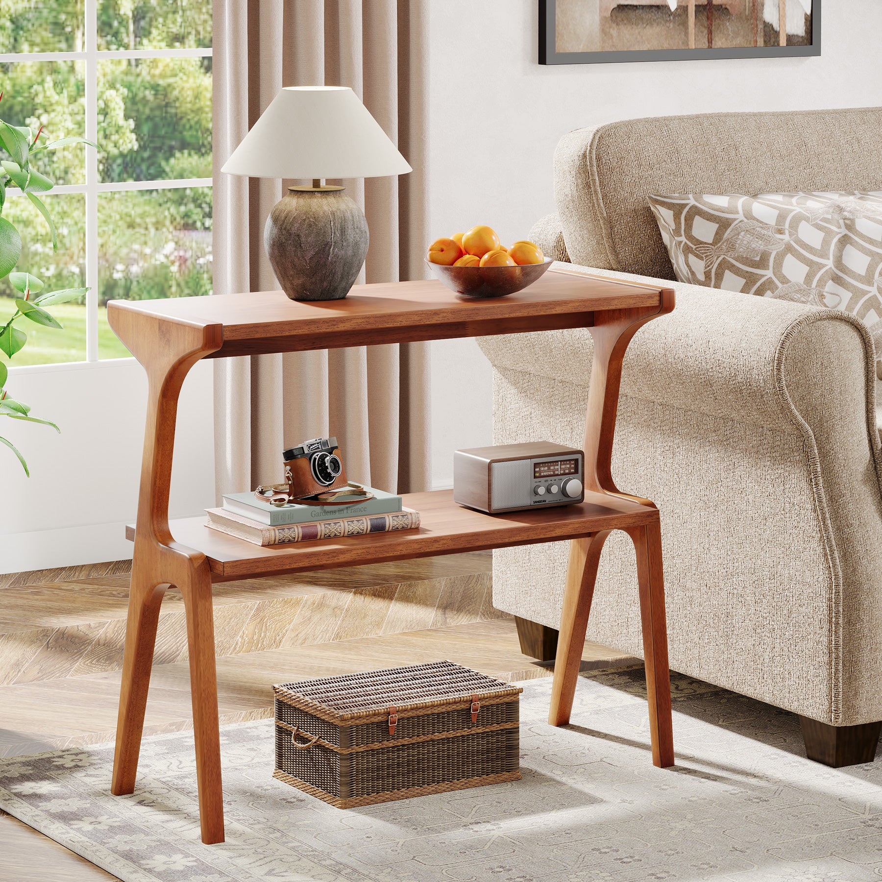 2-Tier End Table, Slim Sofa Side Table with Storage Shelf