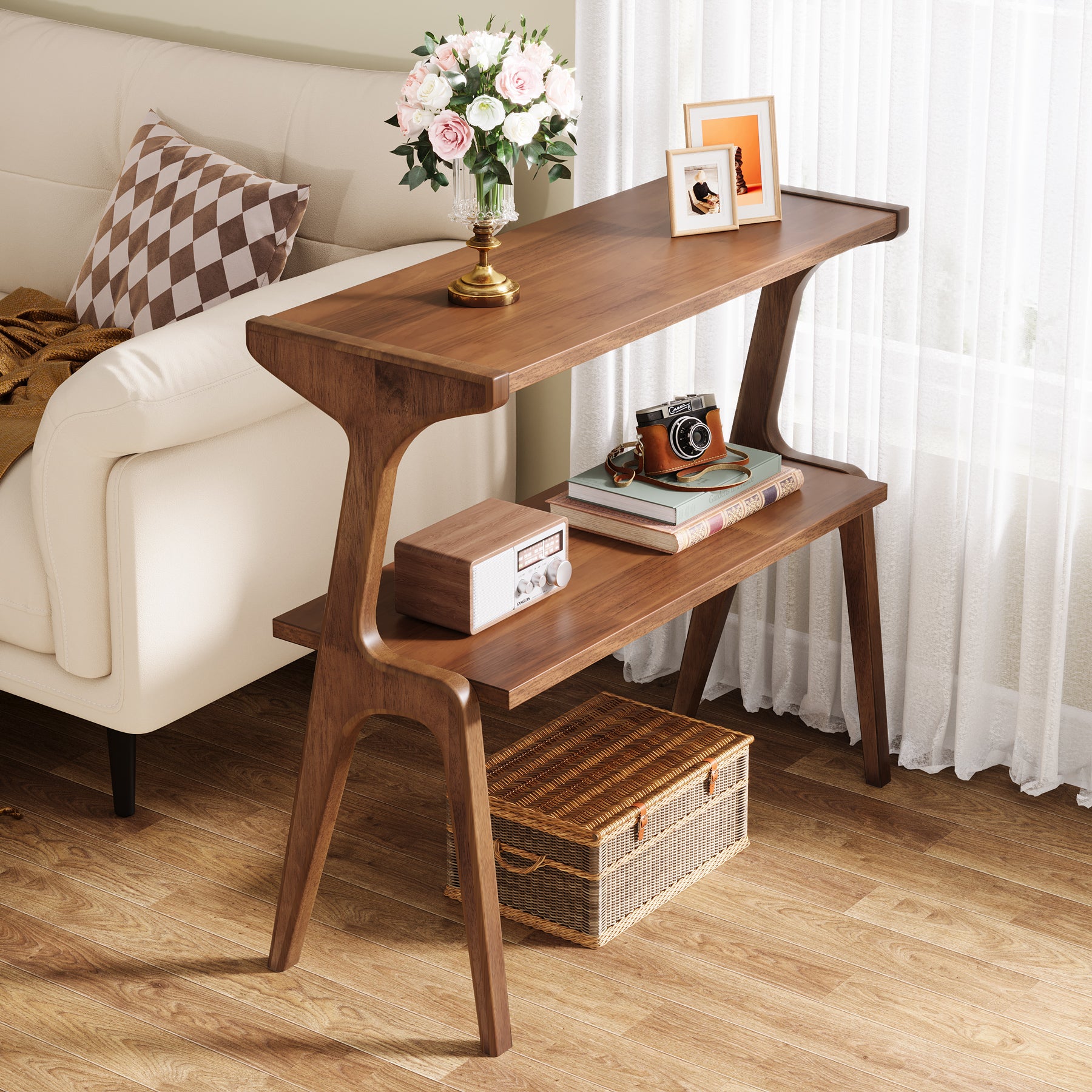 2-Tier End Table, Slim Sofa Side Table with Storage Shelf