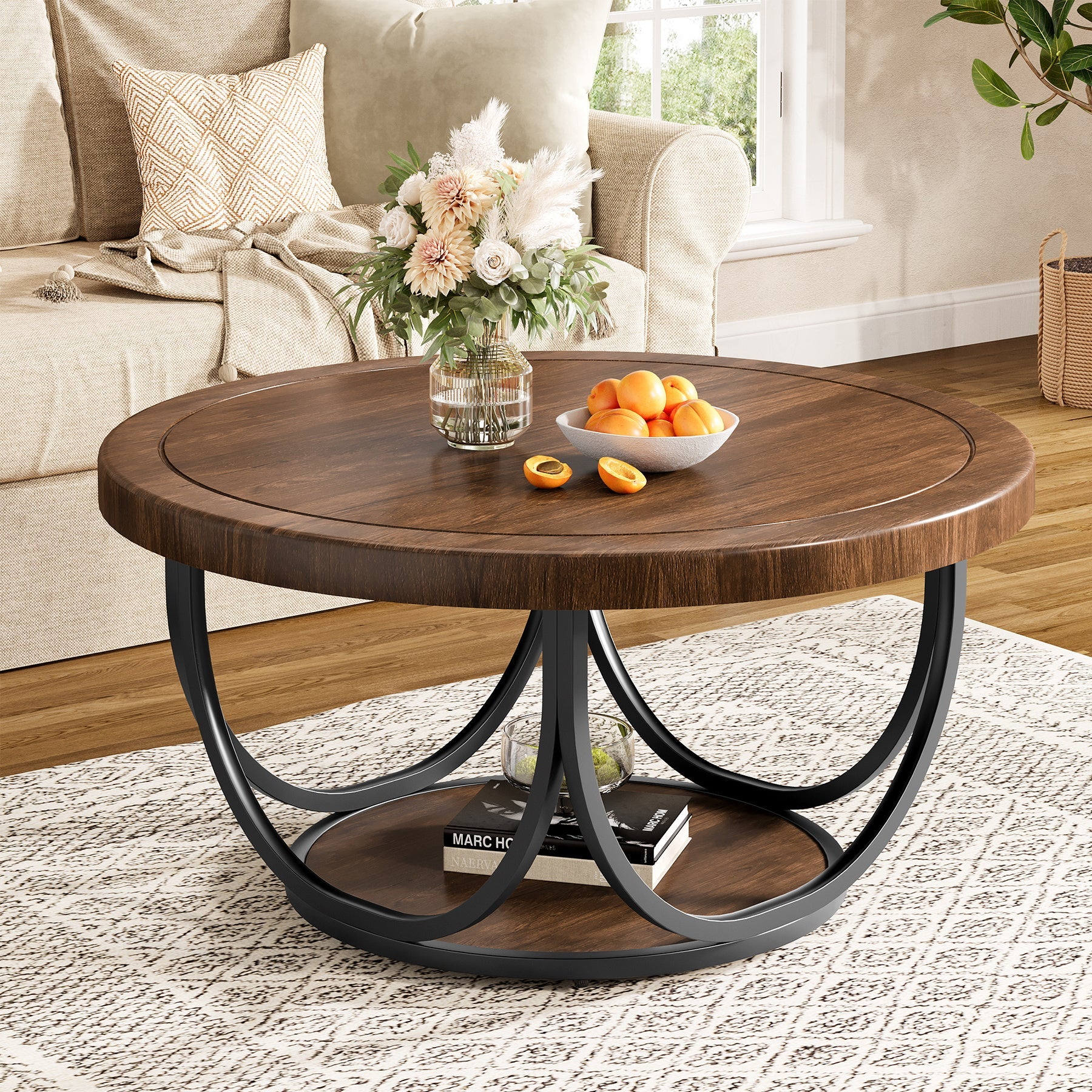 Round Coffee Table, 31.5" Circle Accent Cocktail Table with Storage Shelf