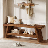 Solid Wood Shoe Bench, 2-Tier Entryway Bench with Open Shelves 3