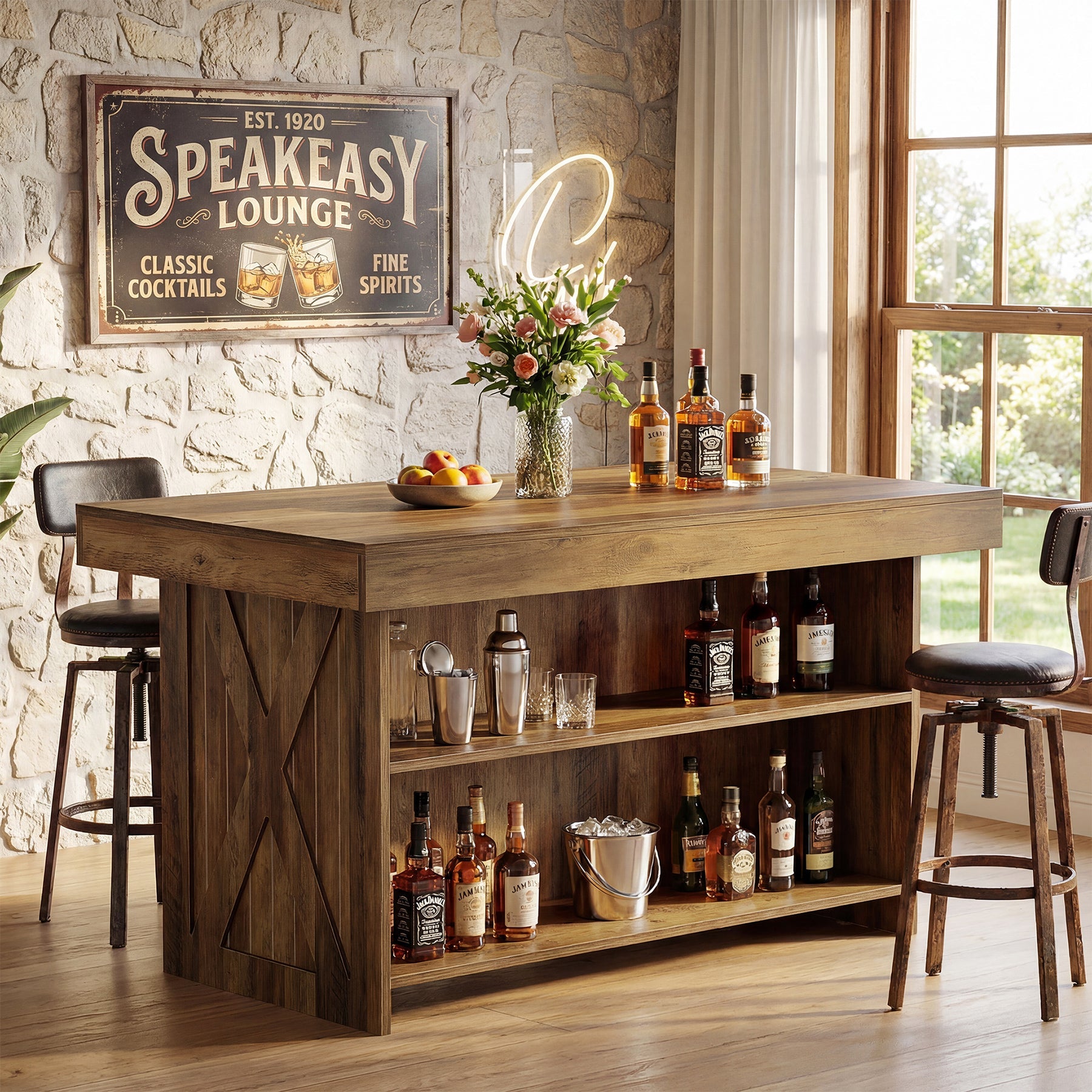 55.12" Bar Table, 3-Tier Home Bar Unit with Storage Shelves for Kitchen
