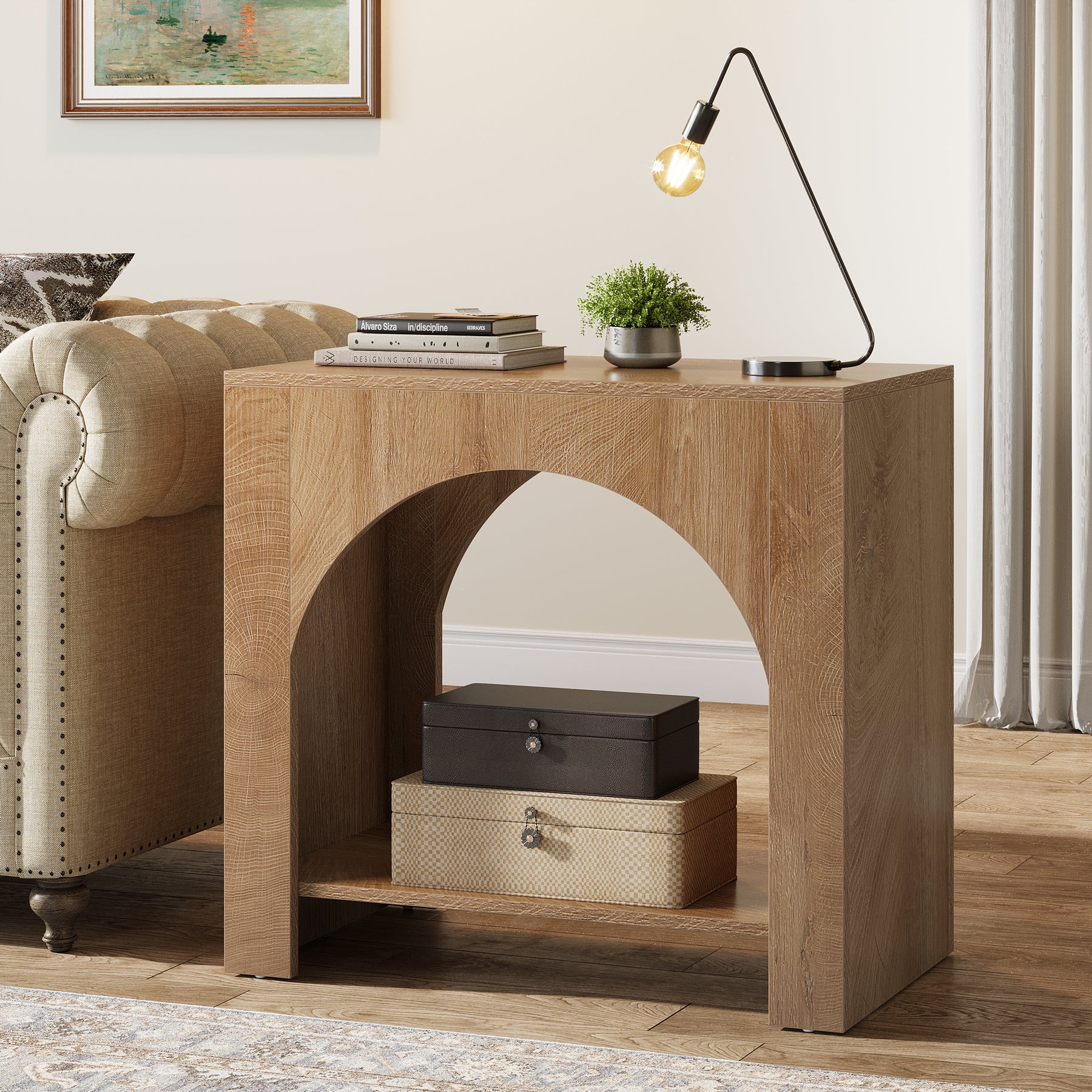 Farmhouse End Table, Large Sofa Side Table with 2-Tier Storage Shelf
