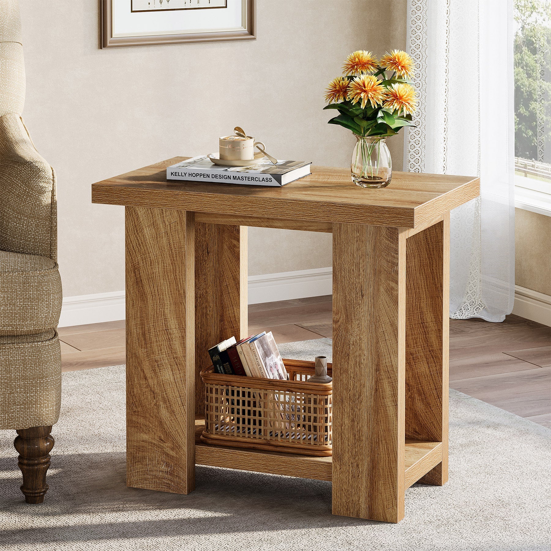 2-Tier End Table, Farmhouse Side Table with Storage Shelves for Small Space