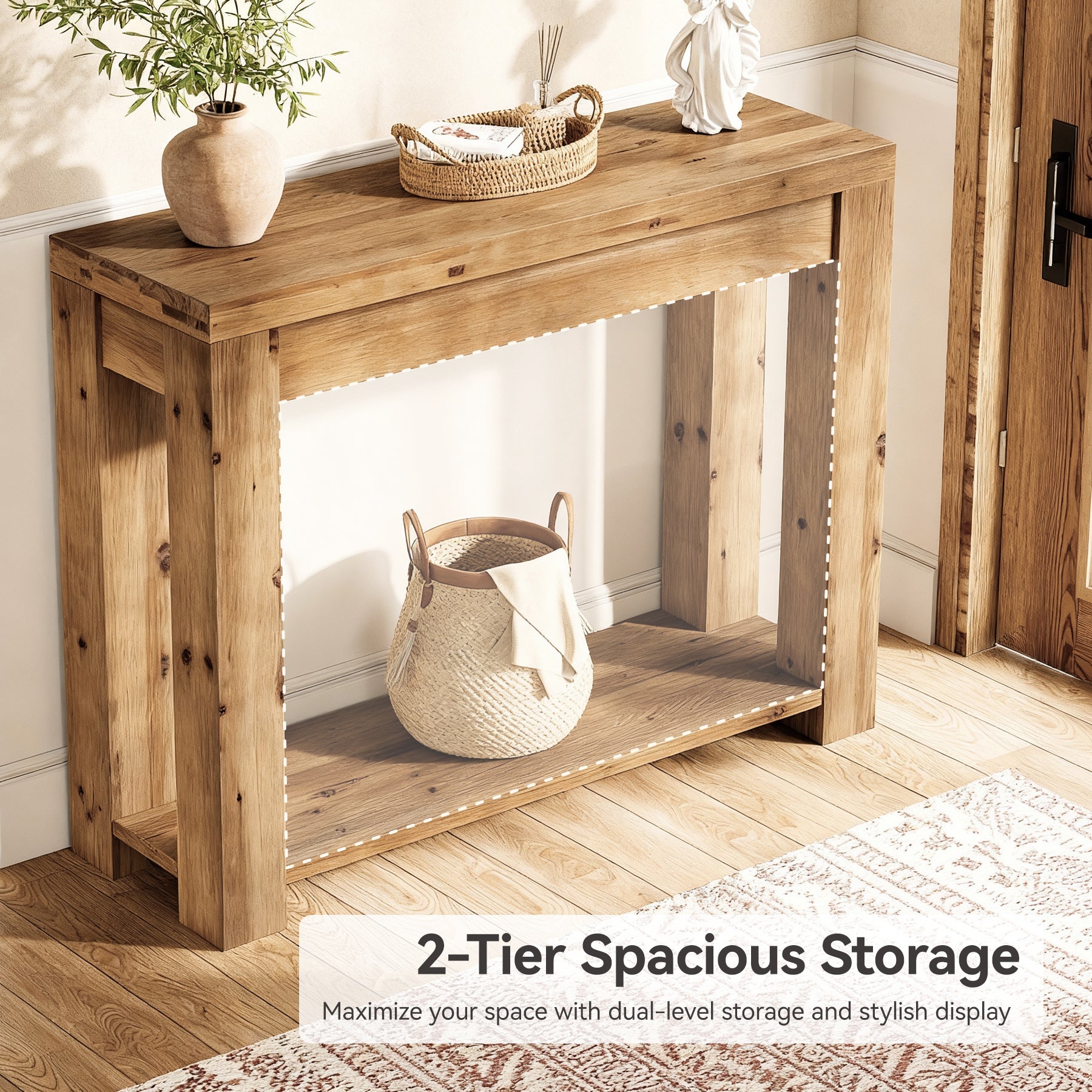Solid Wood 43.31" Farmhouse Console Table, Narrow Entryway Sofa Table for Living Room, Hallway