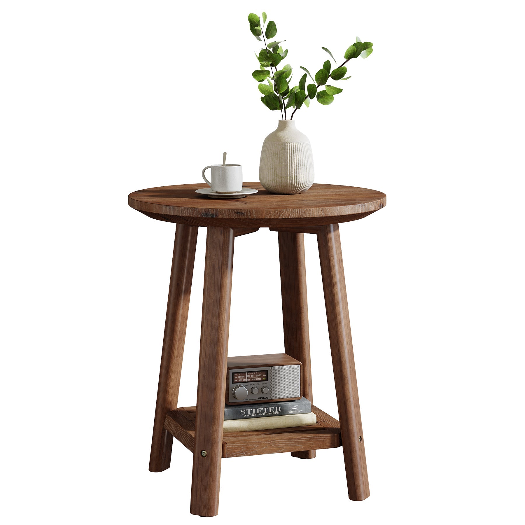 19.69" Round Solid Wood End Table, 2-Tier Farmhouse Side Table with Storage Shelf