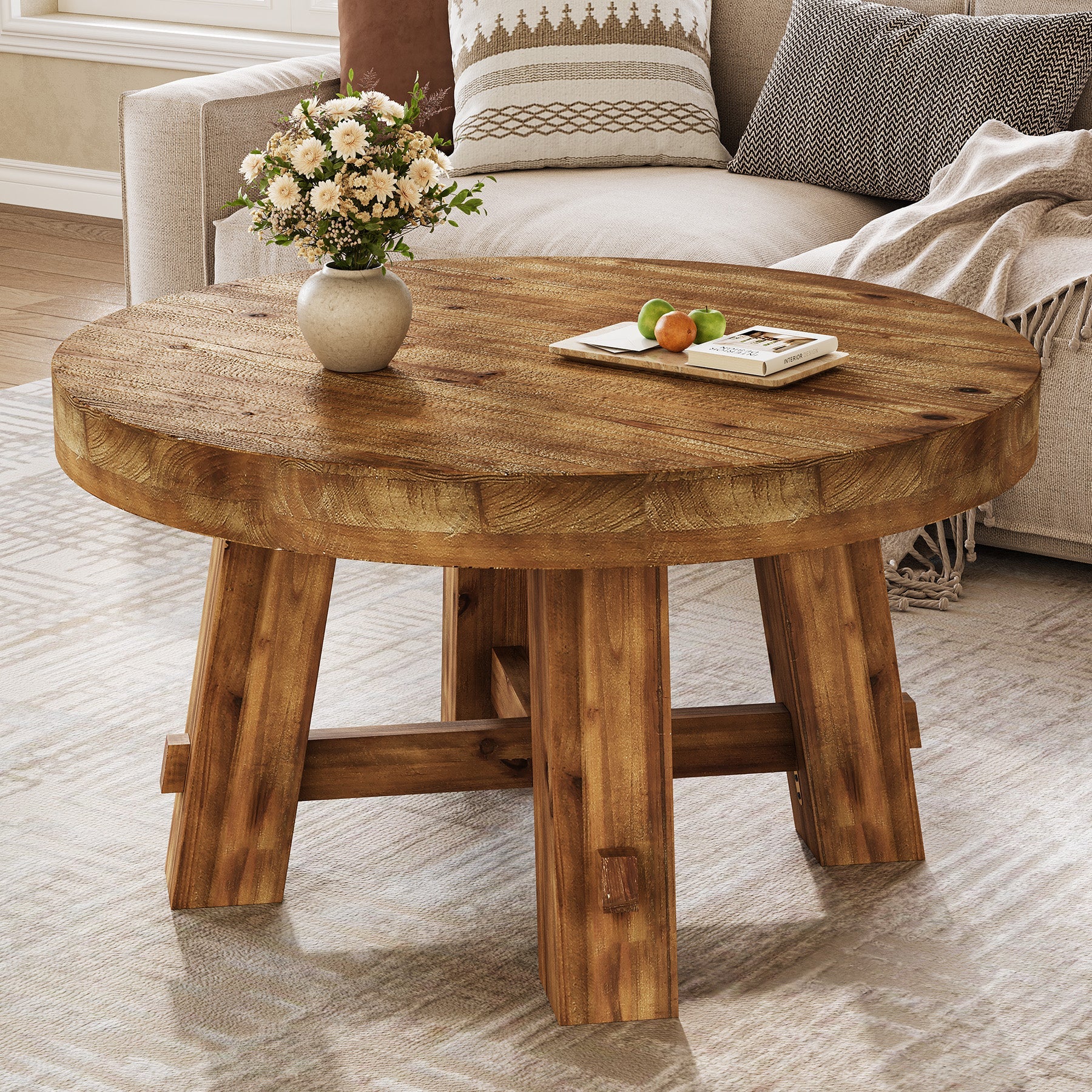 Solid Wood Coffee Table, 31.5" Round Center Table with Thickened Tabletop