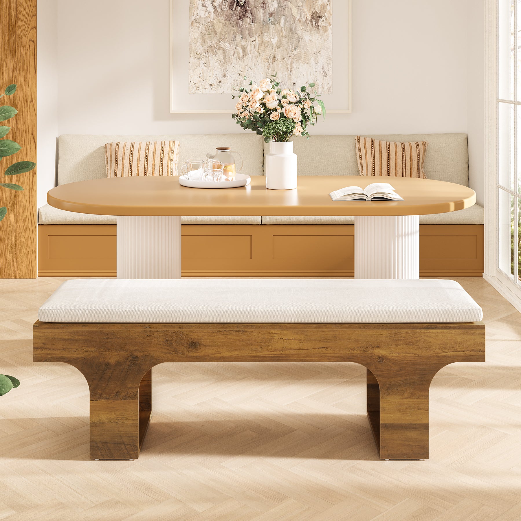 55" Dining Bench with Linen Cushion, Farmhouse Entryway Bench for Hallway