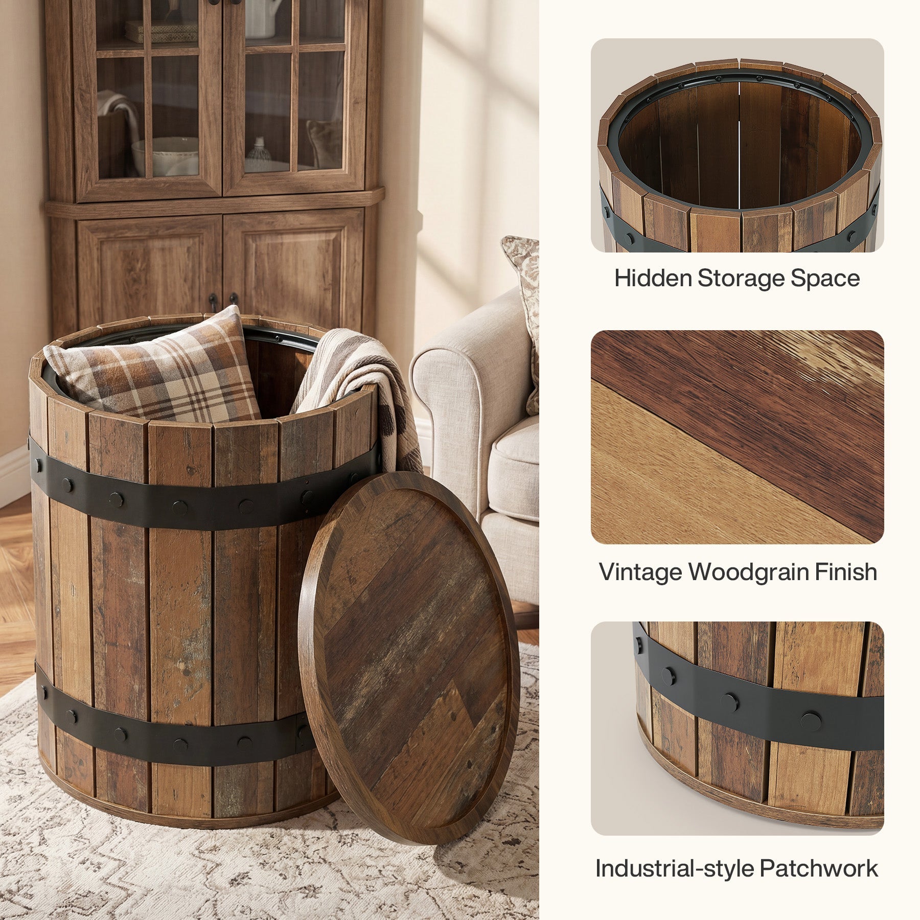 19.68" Barrel End Table with Hidden Storage, Round Side Table with Lid for Living Room