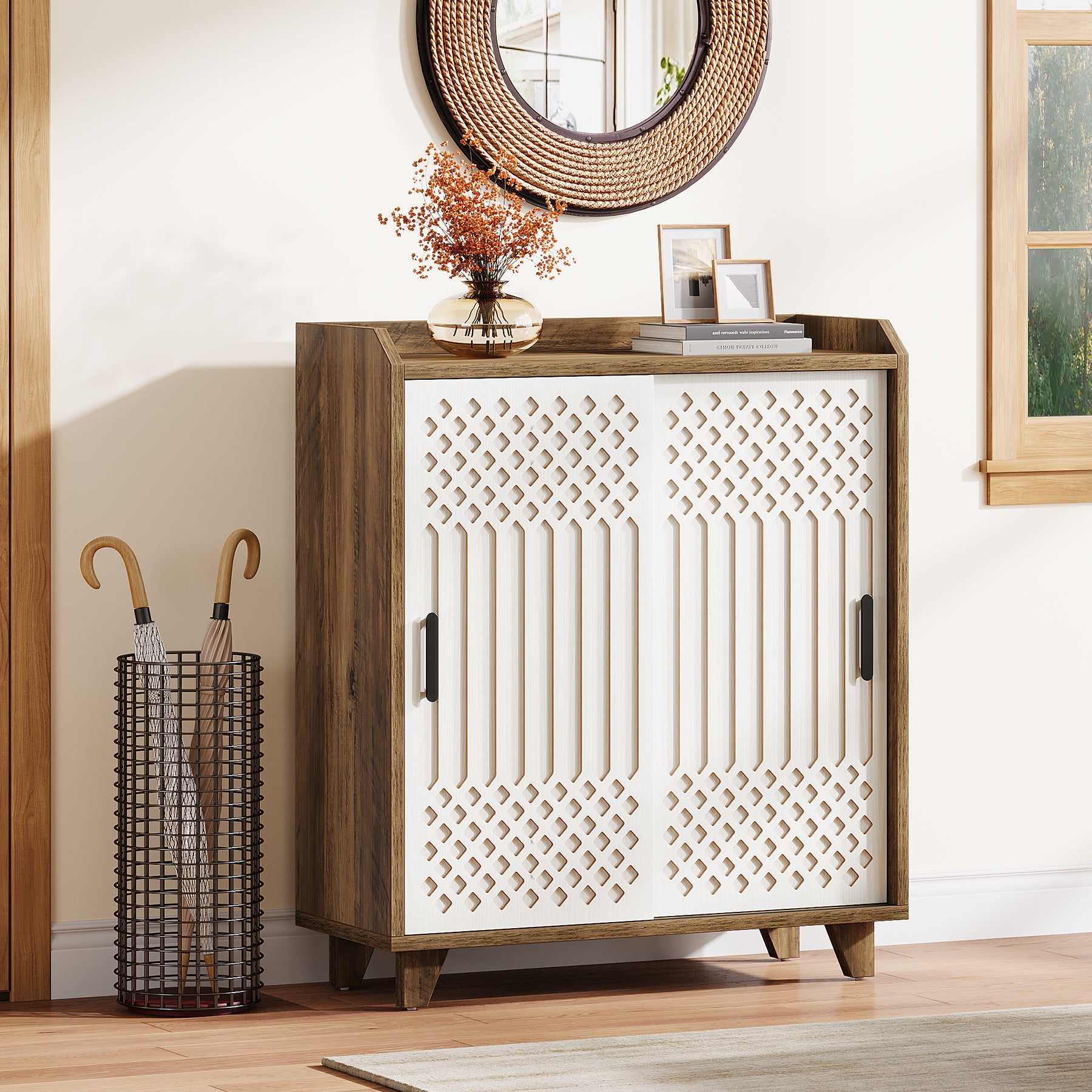 Wood Shoe Cabinet with Sliding Doors, Modern Shoe Organizer for Entryway