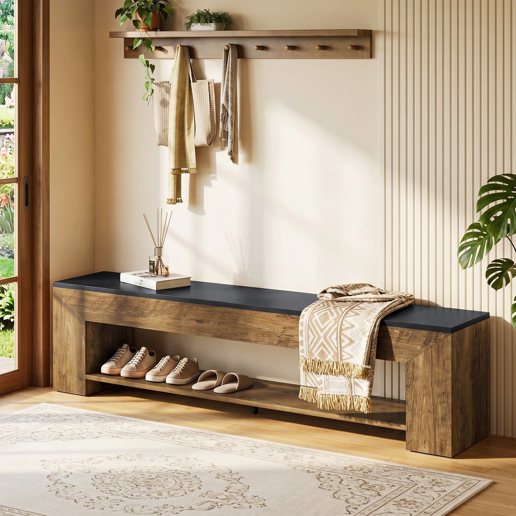 71" Entryway Bench with Shoe Storage, Farmhouse Shoe Bench with 2 Shelves