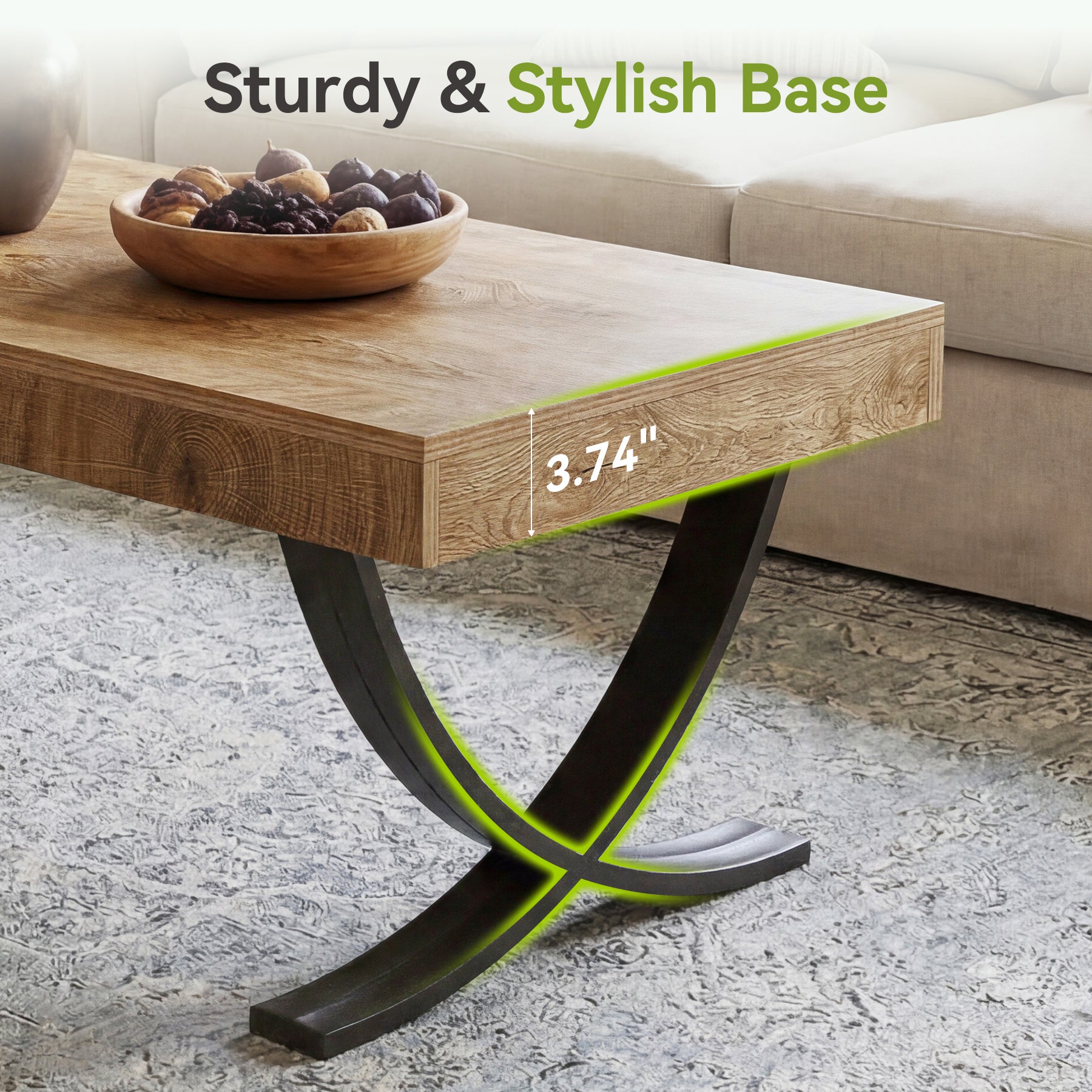 47.2" Coffee Table, Rectangle Center Table with Curved Cross Legs for Living Room