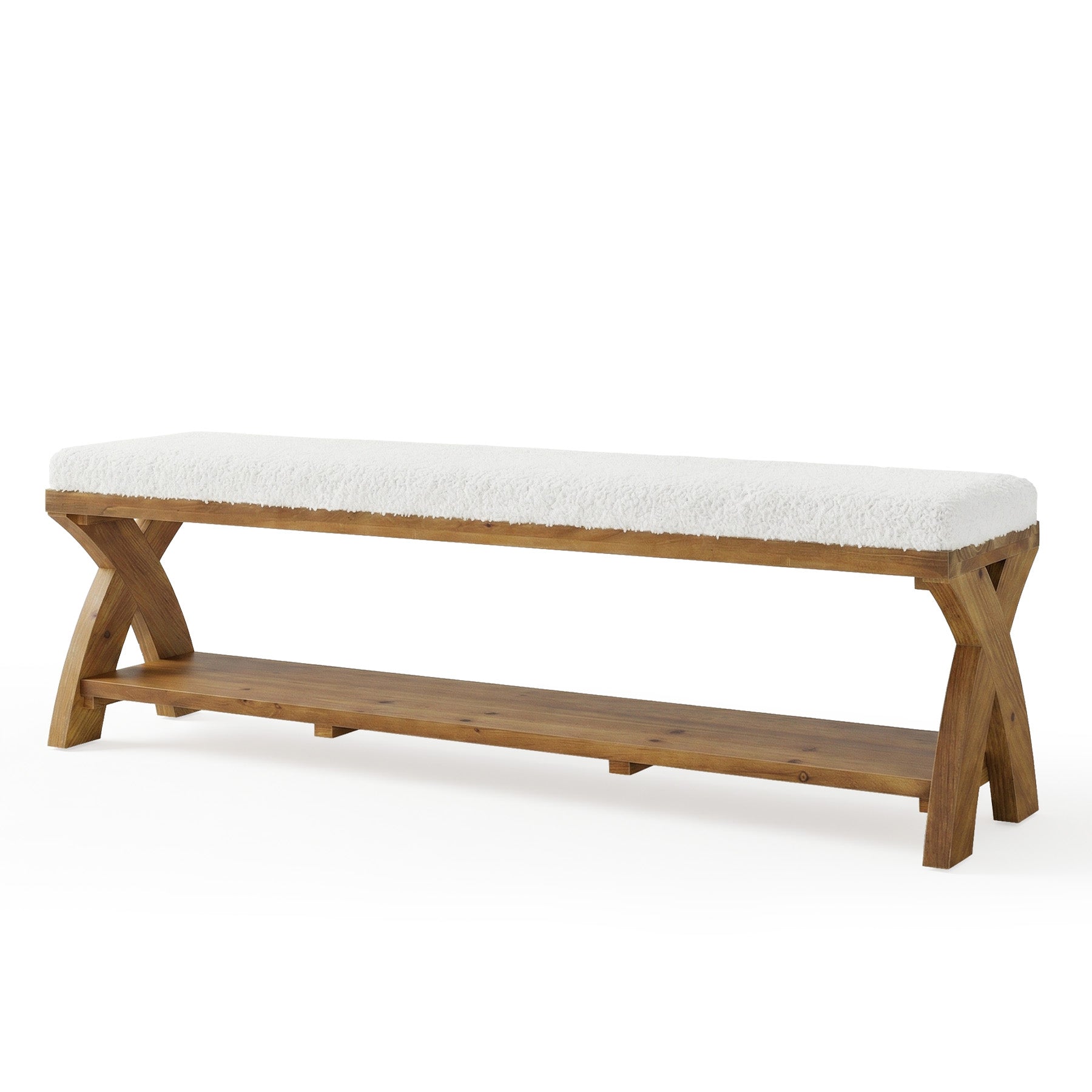 Solid Wood Upholstered Shoe Bench, Entryway Bench with Padded Seat and Storage Shelf