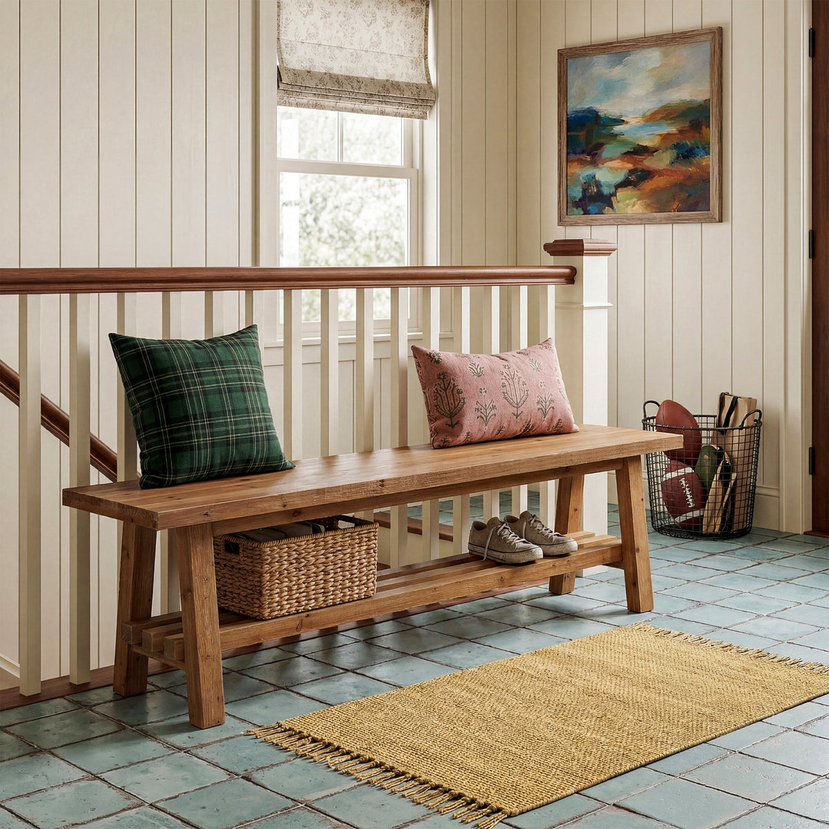 55" Solid Wood Entryway Bench, 2-Tier Shoe Bench with Shelf for Hallway