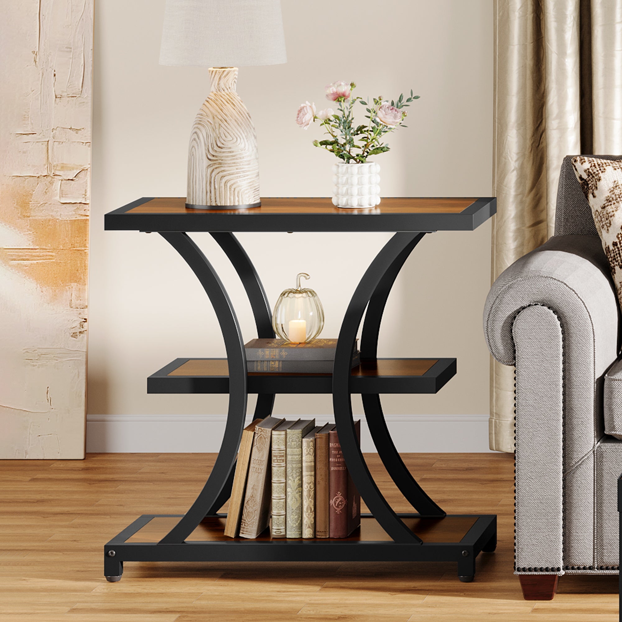 3-Tier End Table, Industrial Side Table with Geometric Metal Design