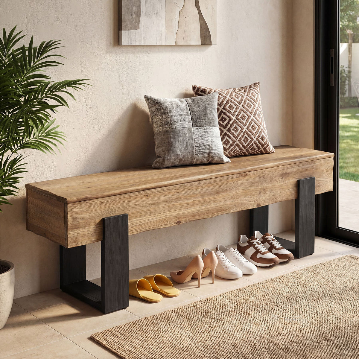 63" Solid Wood Entryway Bench, Farmhouse Indoor Shoe Bench End of Bed Bench
