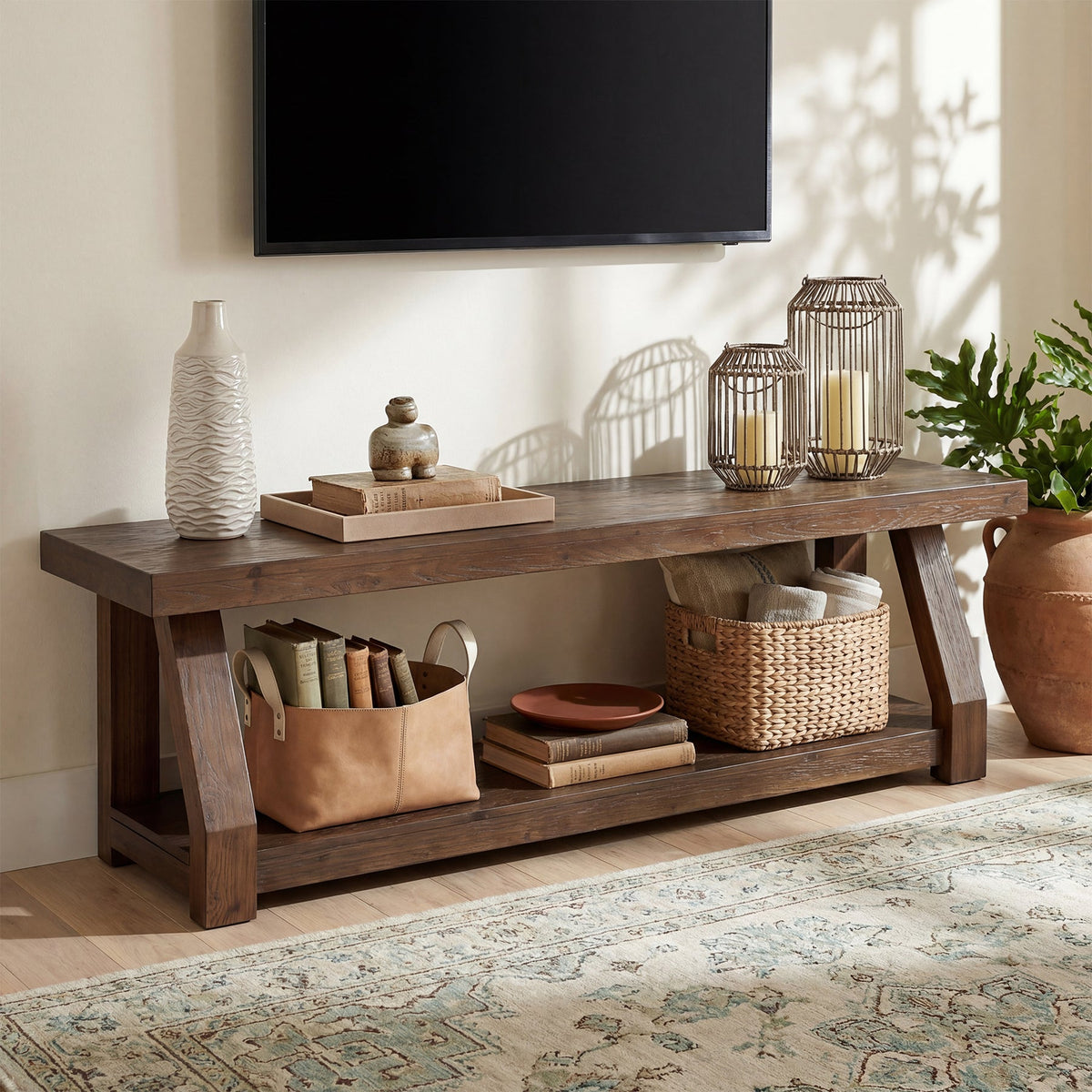63" Solid Wood TV Stand for 65-75" TVs, Farmhouse Media Console with Open Shelf
