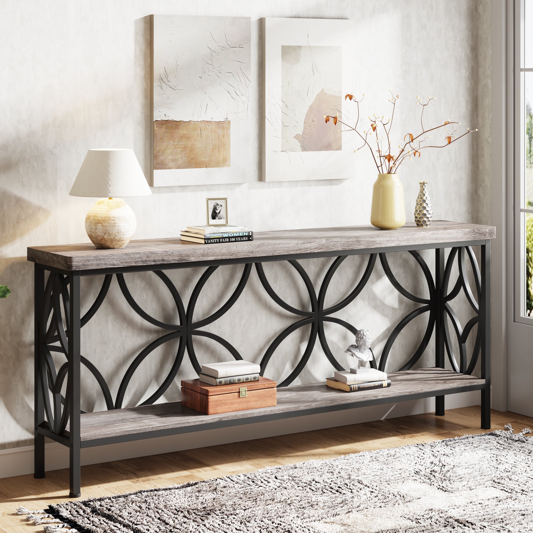 2-Tier Console Table, 70.9" Industrial Sofa Table Behind Couch