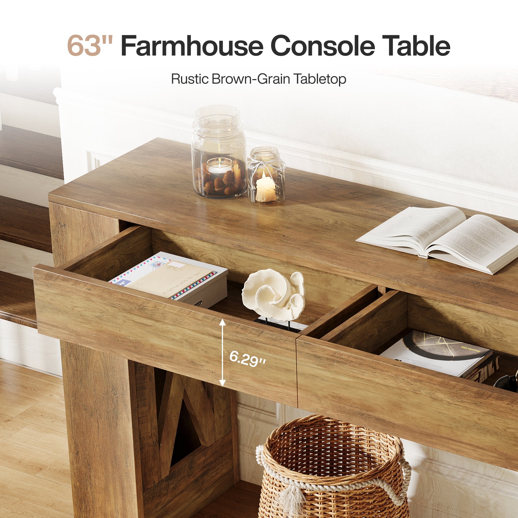 63" Console Table, Narrow Sofa Table with 2 Drawers and X-Shaped Legs
