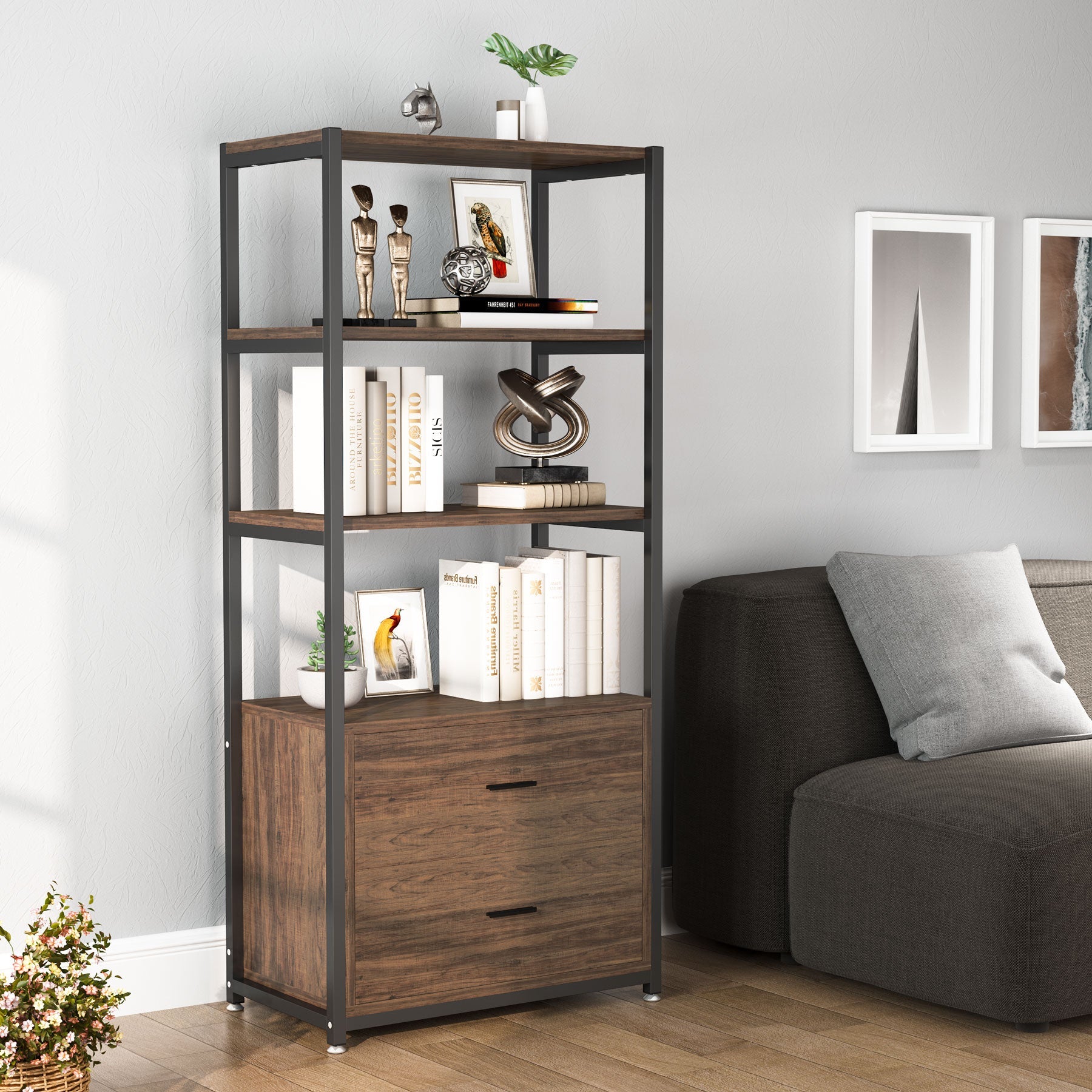 Tribesigns Bookshelf, Rustic Etagere Bookcase with Drawers & Shelves Tribesigns