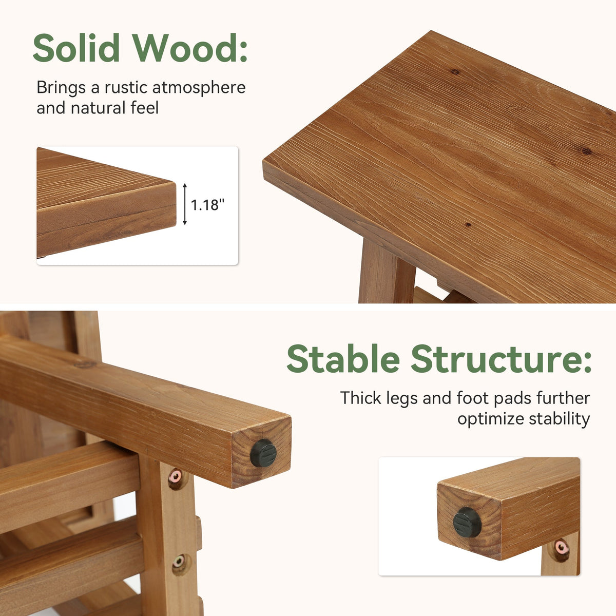 55" Solid Wood Dining Bench, 2-Tier Kitchen Dining Seat for Dining Room