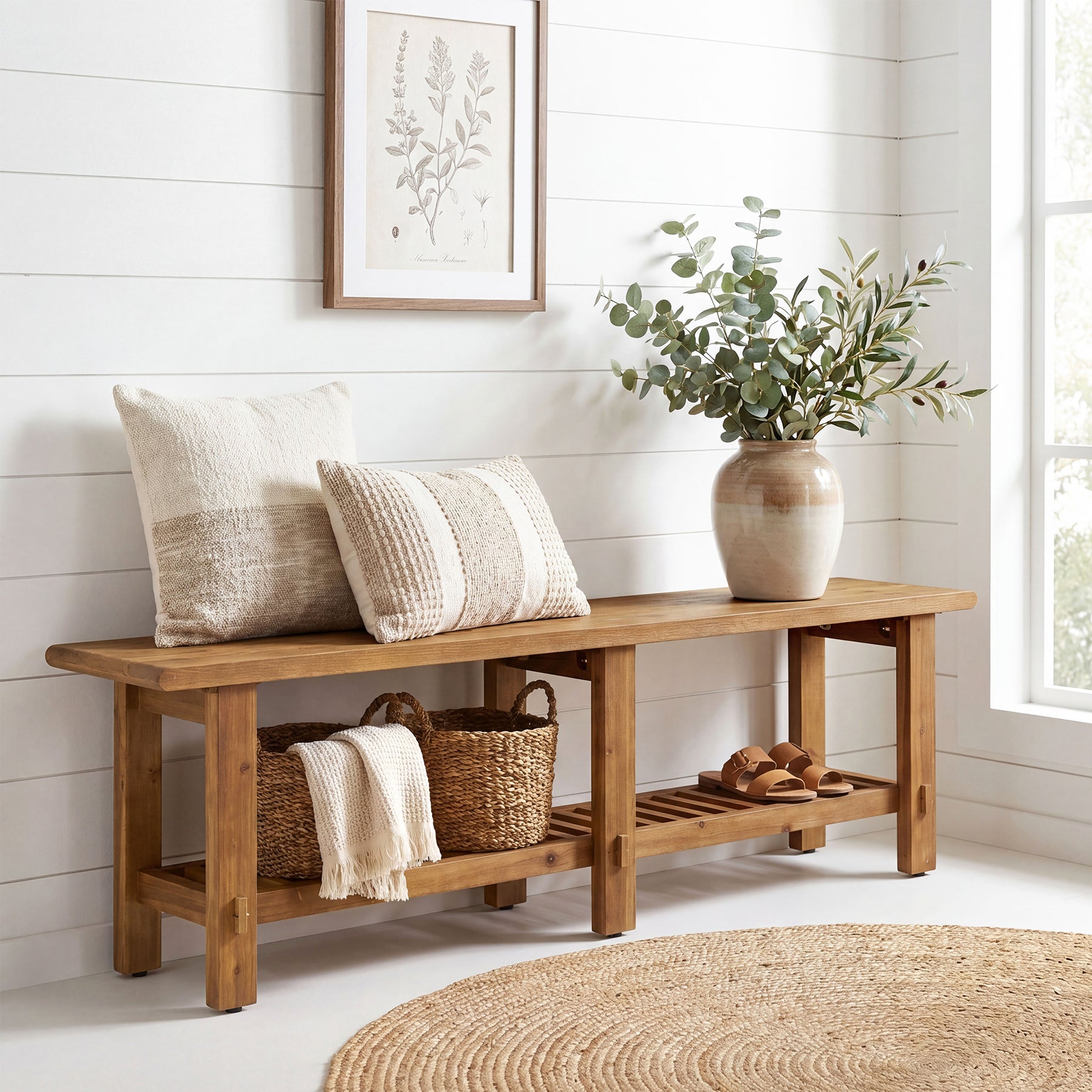 63" Solid Wood Entryway Bench, Narrow End of Bed Bench with Shoe Storage Rack