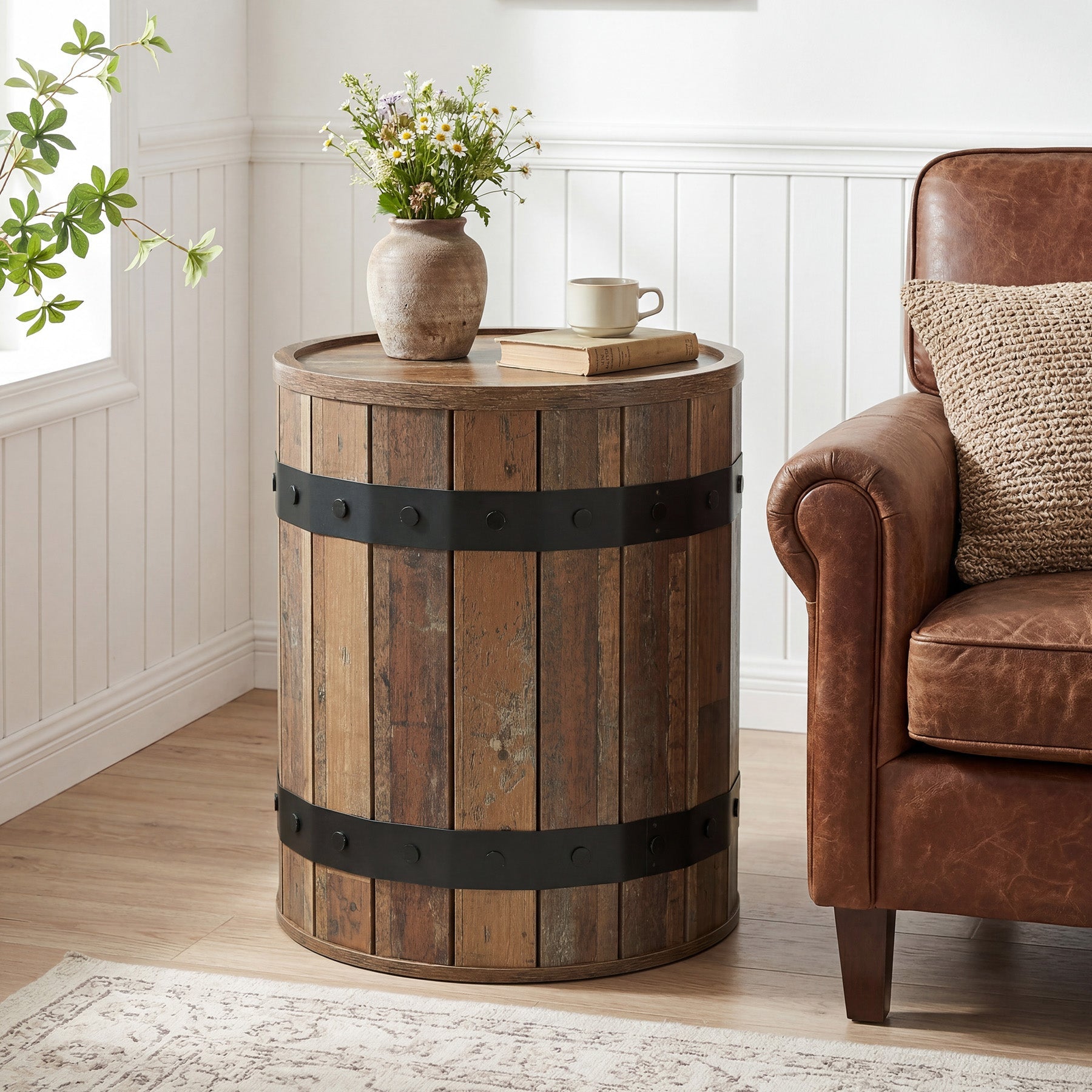 19.68" Barrel End Table with Hidden Storage, Round Side Table with Lid for Living Room