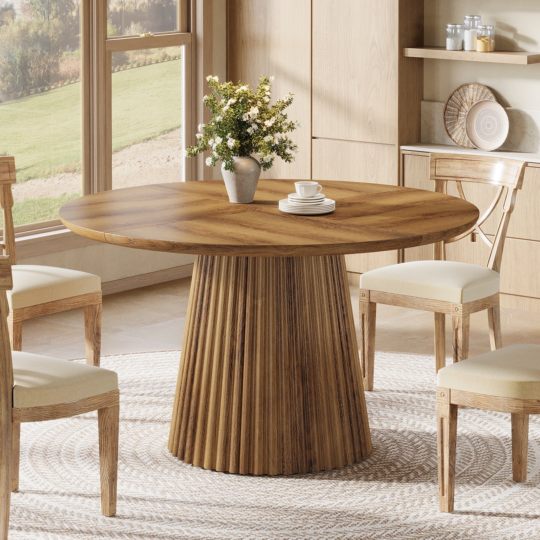 Round Dining Table, 47.24" Kitchen Table with Fluted Design for 4-6