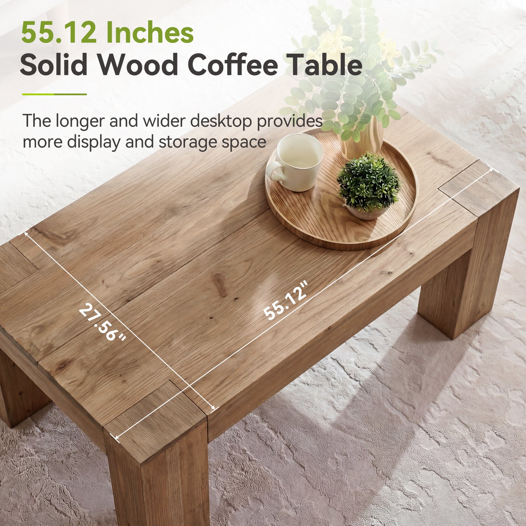 Solid Wood Coffee Table, 55" Rectangle Center Table with Heavy-Duty Legs for Living Room