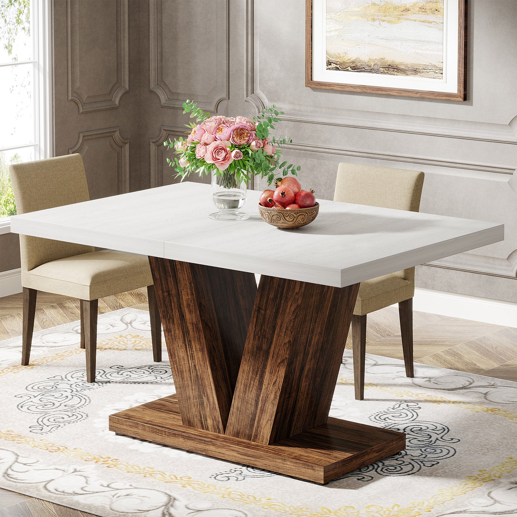 47" Dining Table, Farmhouse Wooden Kitchen Dinner Table with Duty Pedestal Tribesigns