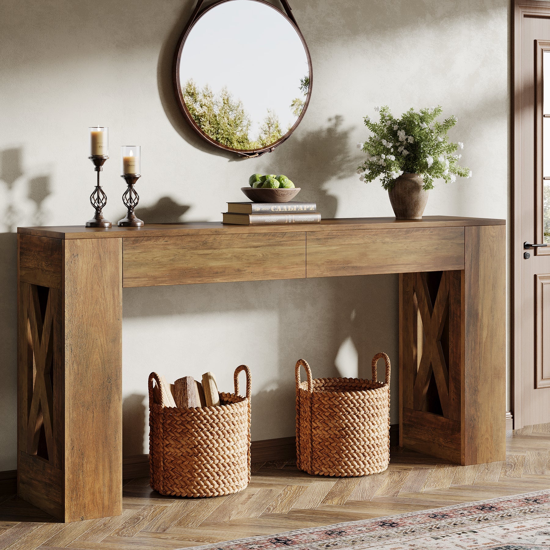 63" Console Table, Narrow Sofa Table with 2 Drawers and X-Shaped Legs