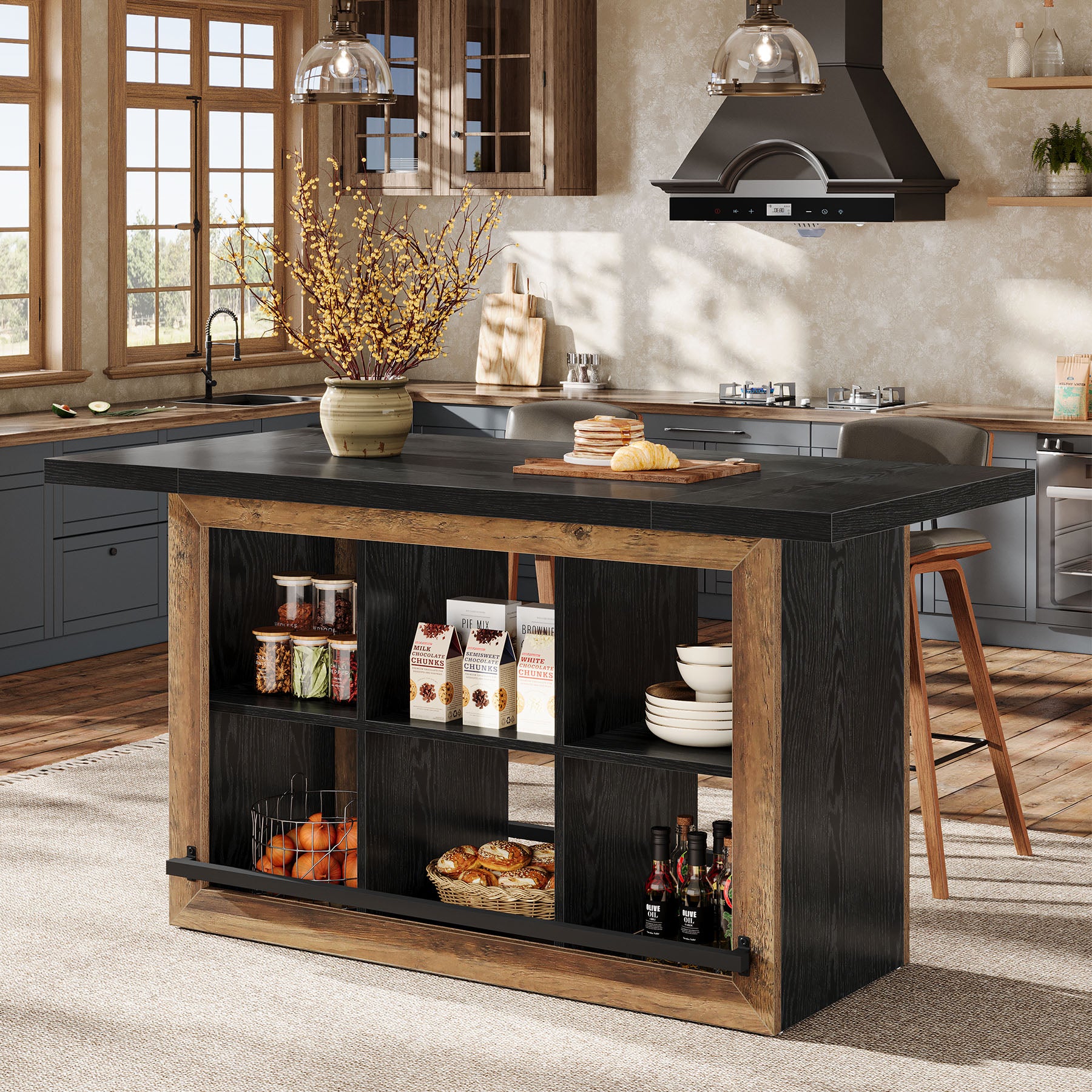 62.6" Kitchen Island, Counter Height Stationary Table with 6 Open Cubbies