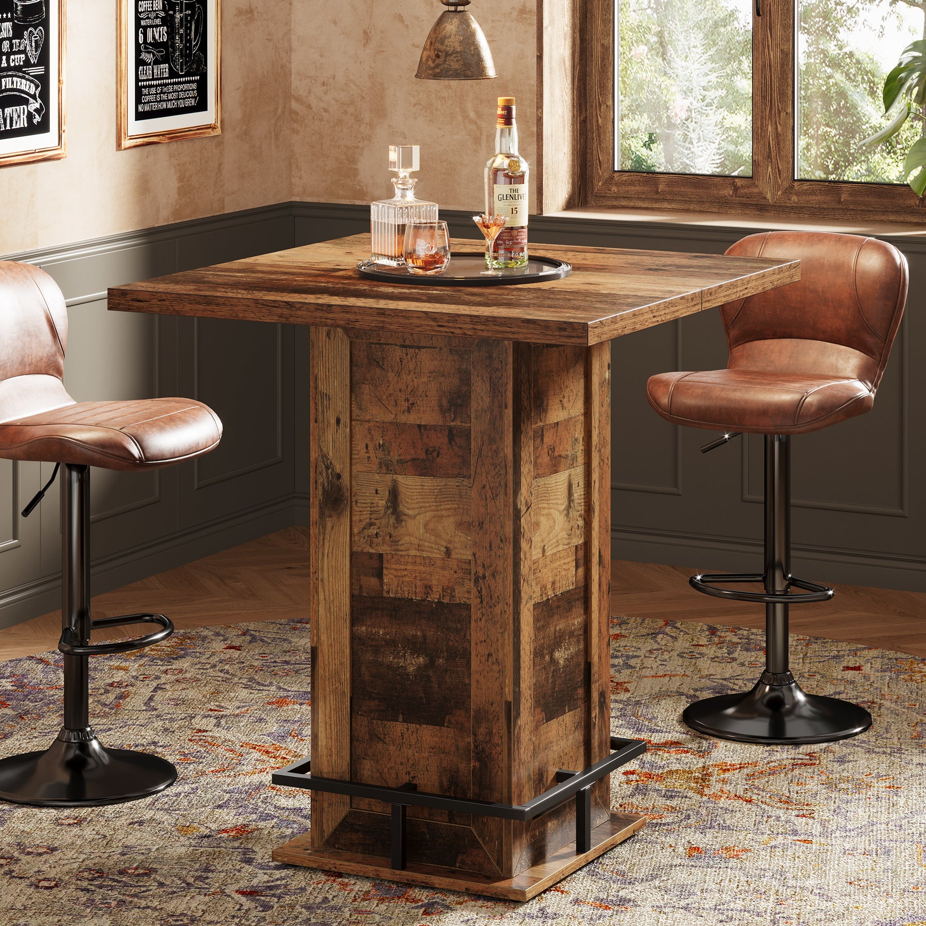39.4" H Square Bar Table, Industrial High Top Bistro Pub Table with Metal Footrest