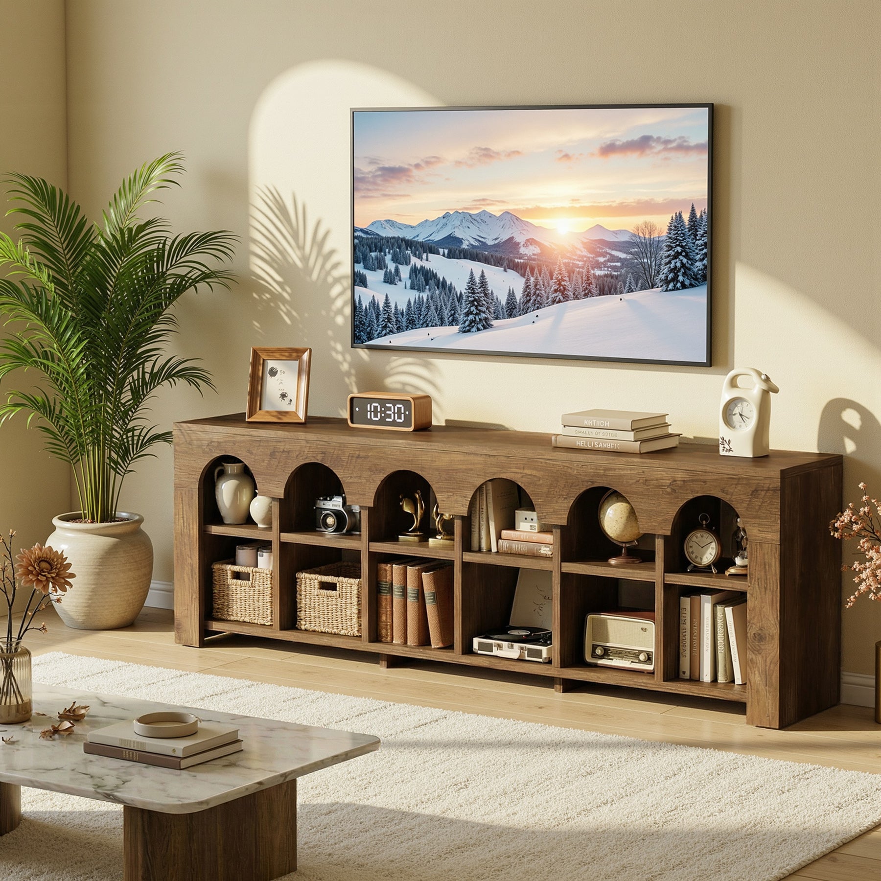 63” TV Stand for 50-75" TVs, Farmhouse Entertainment Center with 2-Tier Arched Cubbies